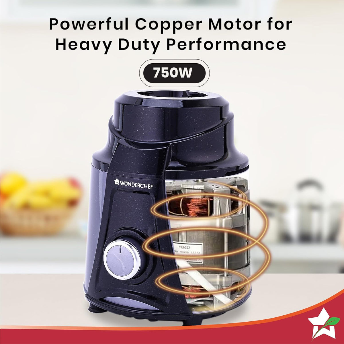 Wonderchef Galaxy 63154820 motor base with cutaway view of the 750 W copper motor and speed knob