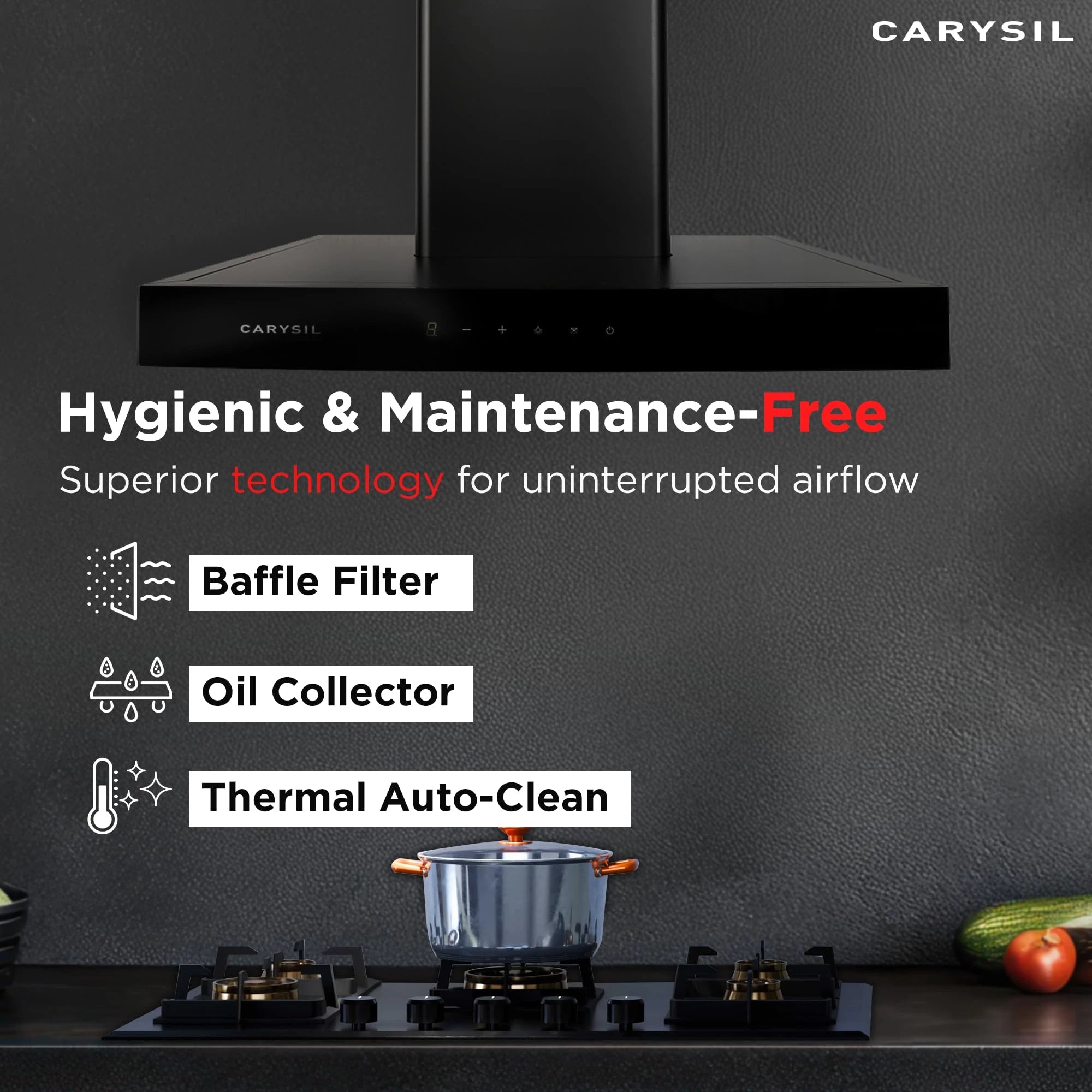 Carysil Mint 60 Kitchen Chimney, 1350 m3/hr Suction Capacity, Baffle Filter, Heat Auto Clean, 3-speed Touch Control, Inox Body & Tempered Finish, LED Lamp, 7-year Motor Warranty