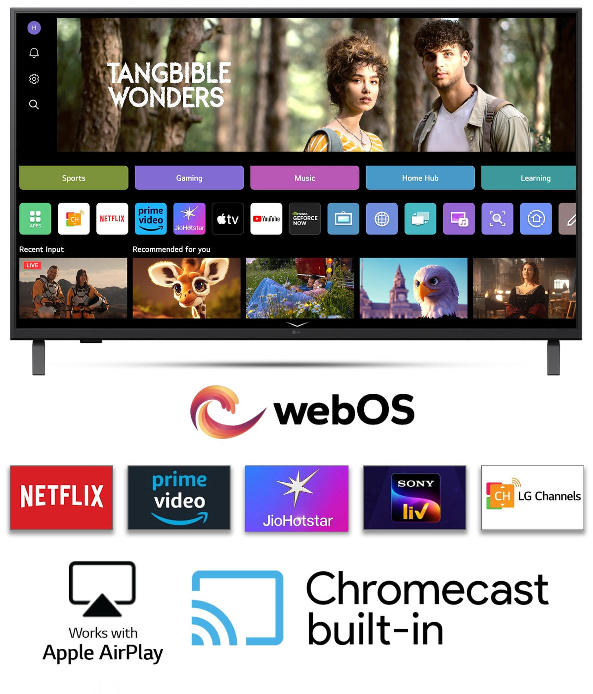 LG UA8250 webOS home screen with Netflix, Prime Video, JioHostar, Sony LIV, AirPlay and Chromecast