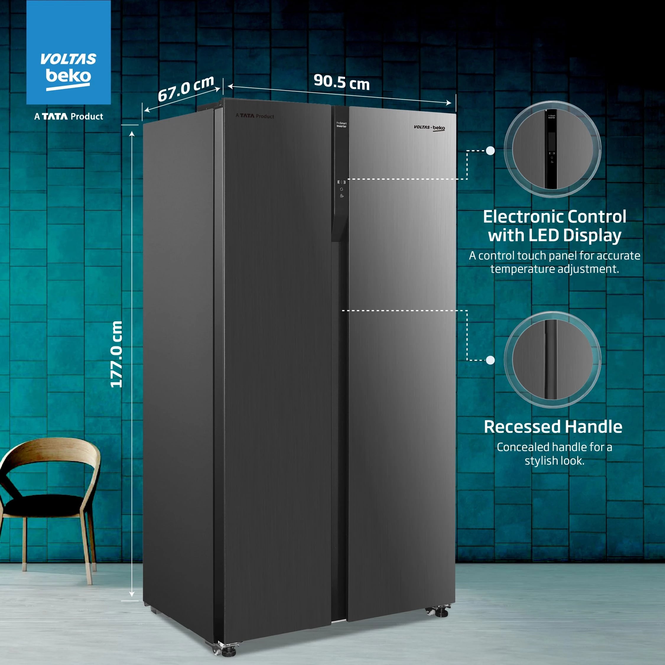 Voltas Beko, A Tata Product 563 L Side by Side Frost Free Refrigerator with ProSmart Inverter Compressor (RSB585/FPV300RXID, INOX steel, Active Fresh Blue Light)