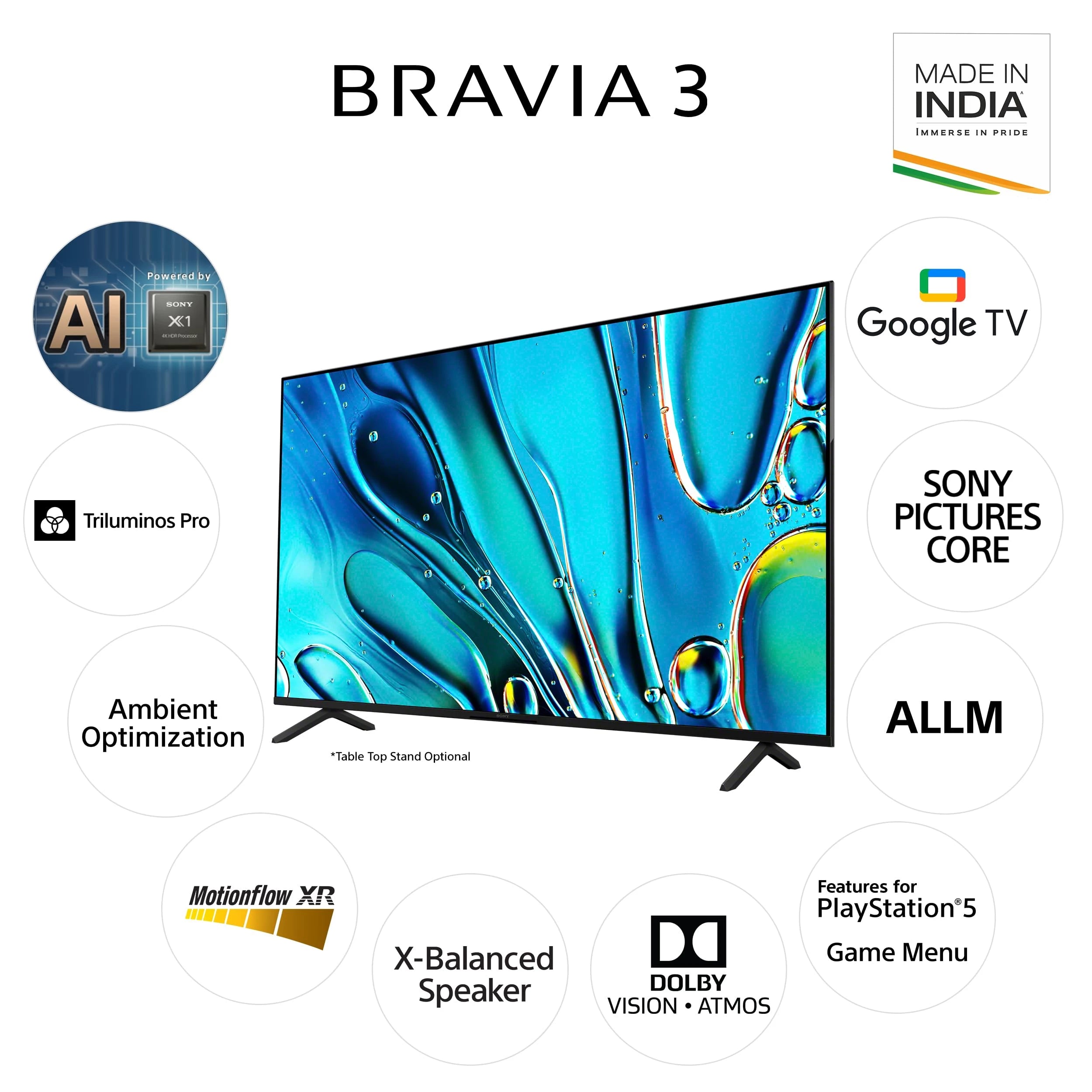 சோனி பிராவியா 3 சீரிஸ் 215 செமீ (85 இன்ச்) 4K உட்ரா HD AI ஸ்மார்ட் LED கூகிள் டிவி K-85S30 (கருப்பு)