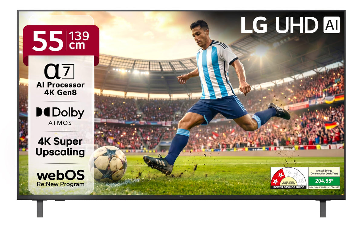 LG UA8250 55 inch 4K UHD AI TV with α7 Gen8, Dolby Atmos, 4K Super Upscaling and webOS badges