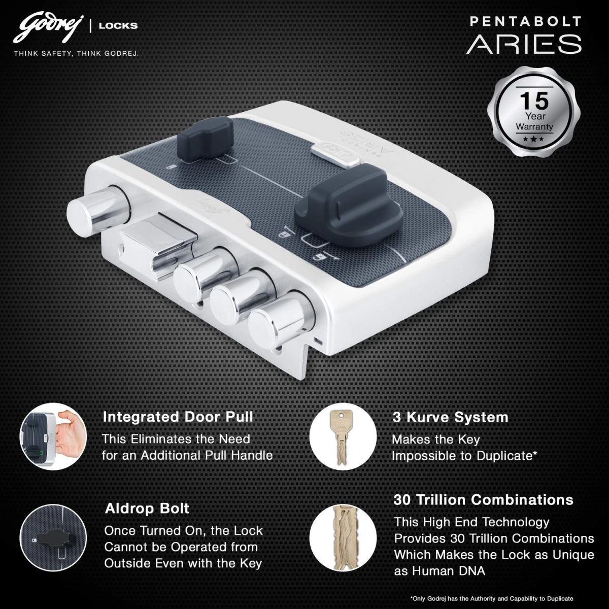 Godrej Door locks Pentabolt Aries 1CK DB Roman Silver 6360
