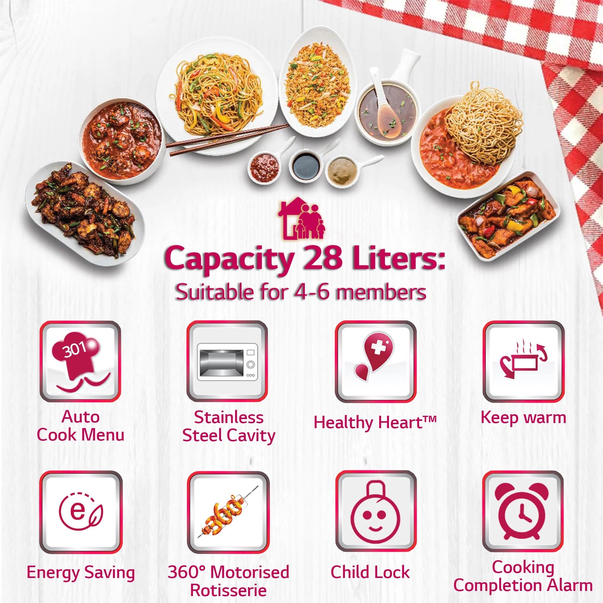 LG 28 L Charcoal Healthy Microwave Conventional Oven (MJ2887BWUM, Black, 360° Motorised Rotisserie)