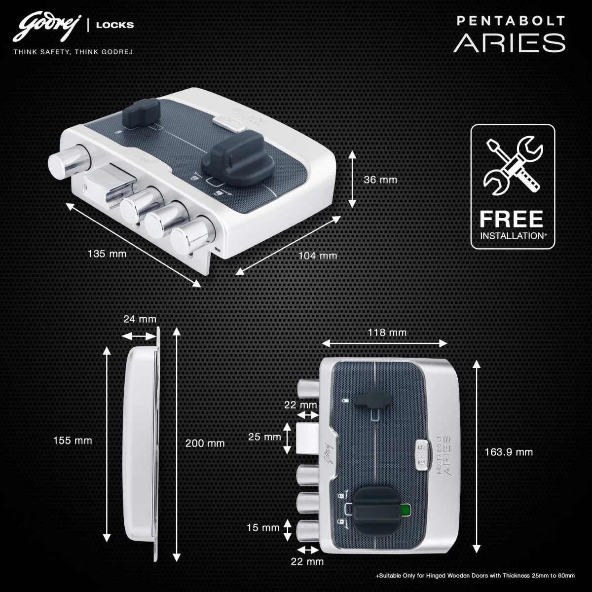 Godrej Door locks Pentabolt Aries 1CK DB Roman Silver 6360