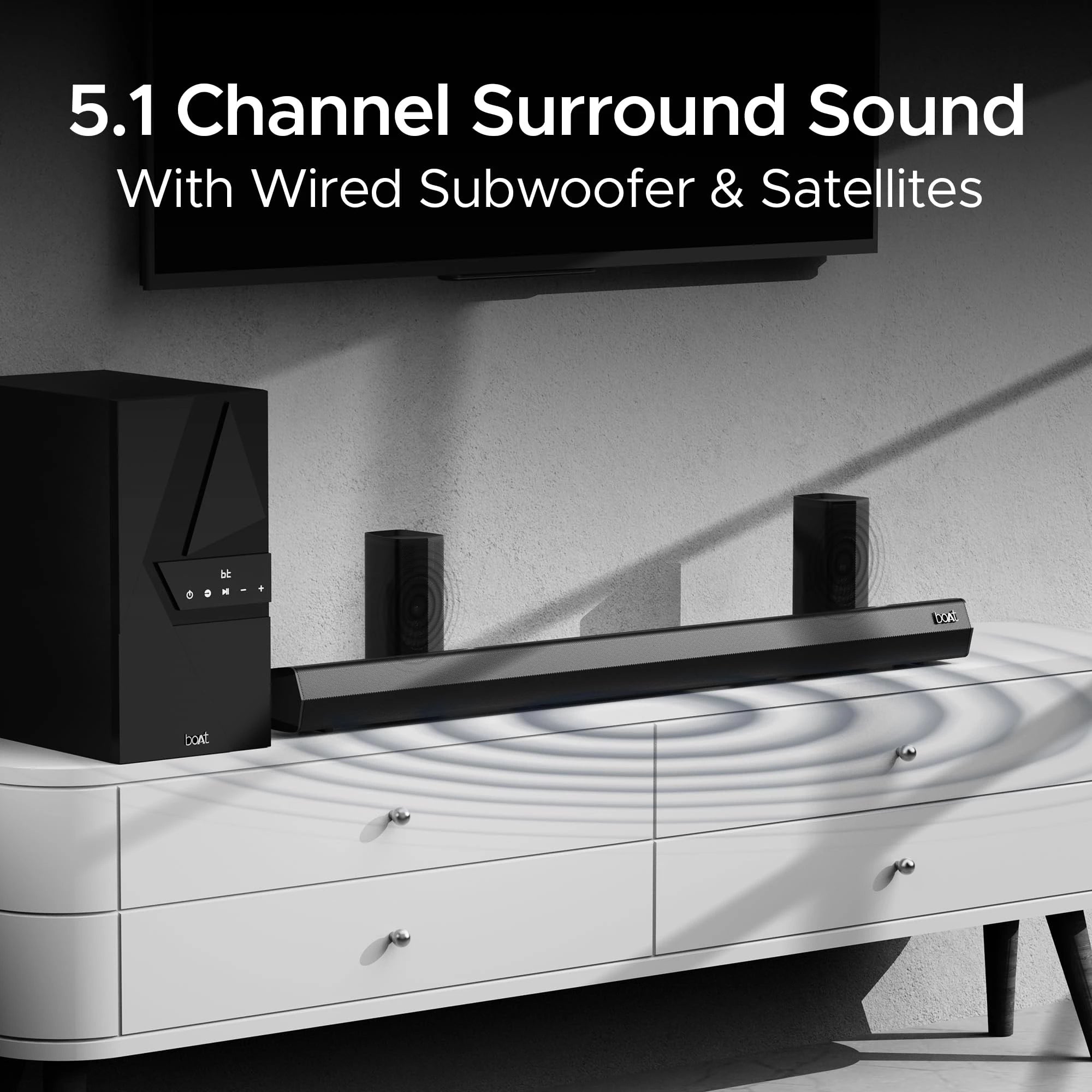 boAt Aavante Bar 3600 BT Soundbar 500W RMS, 5.1 Ch Surround, BTv5.3, Wall Mount, Bass&Treble, Remote(Premium Black)