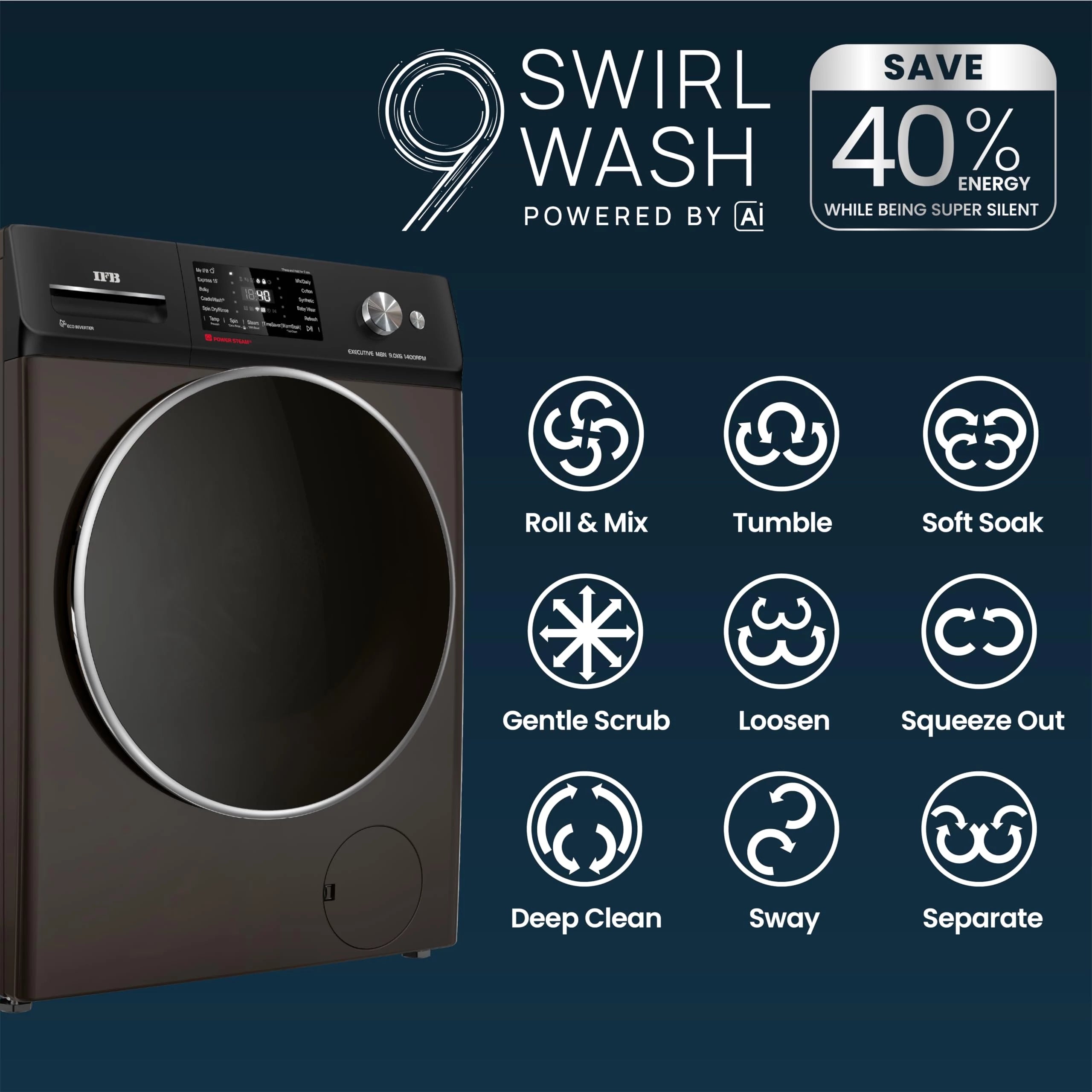 IFB 9 Kg 5 Star Powered by AI with 9 Swirl Wash, WiFi, Fully Automatic Front Load Washing Machine (Executive MBN 9014K, Steam Refresh Program with Eco Inverter, Mocha)