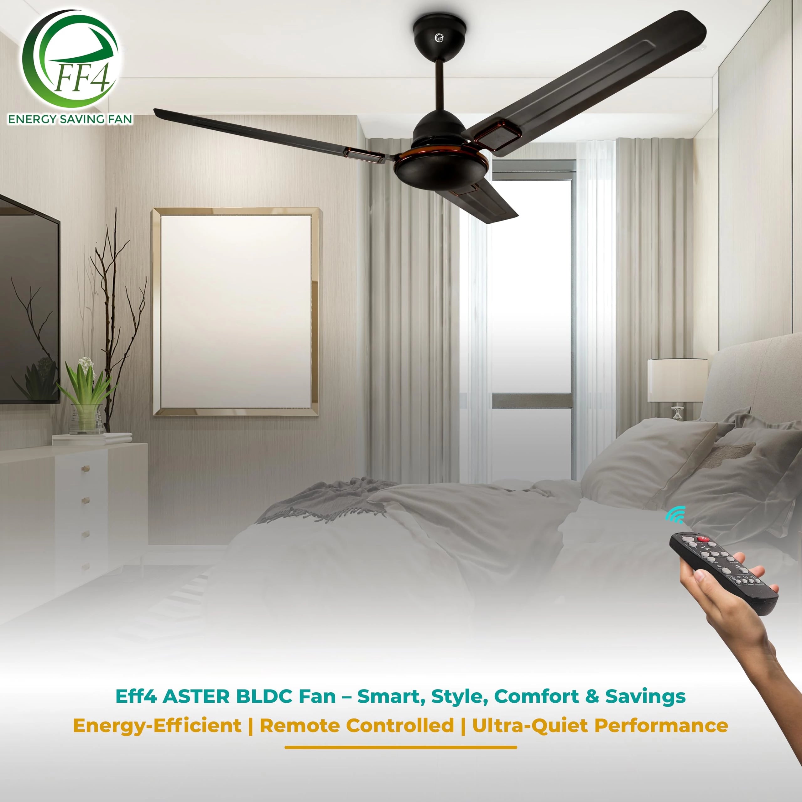 eFF4 Sino1200 mm 3 Blade 5 Star power Saving Ceiling fan with BLDC Motor | Remote control | Decorative Fan with Lights | High Air Flow (Brown - Aster, Pack of 1)