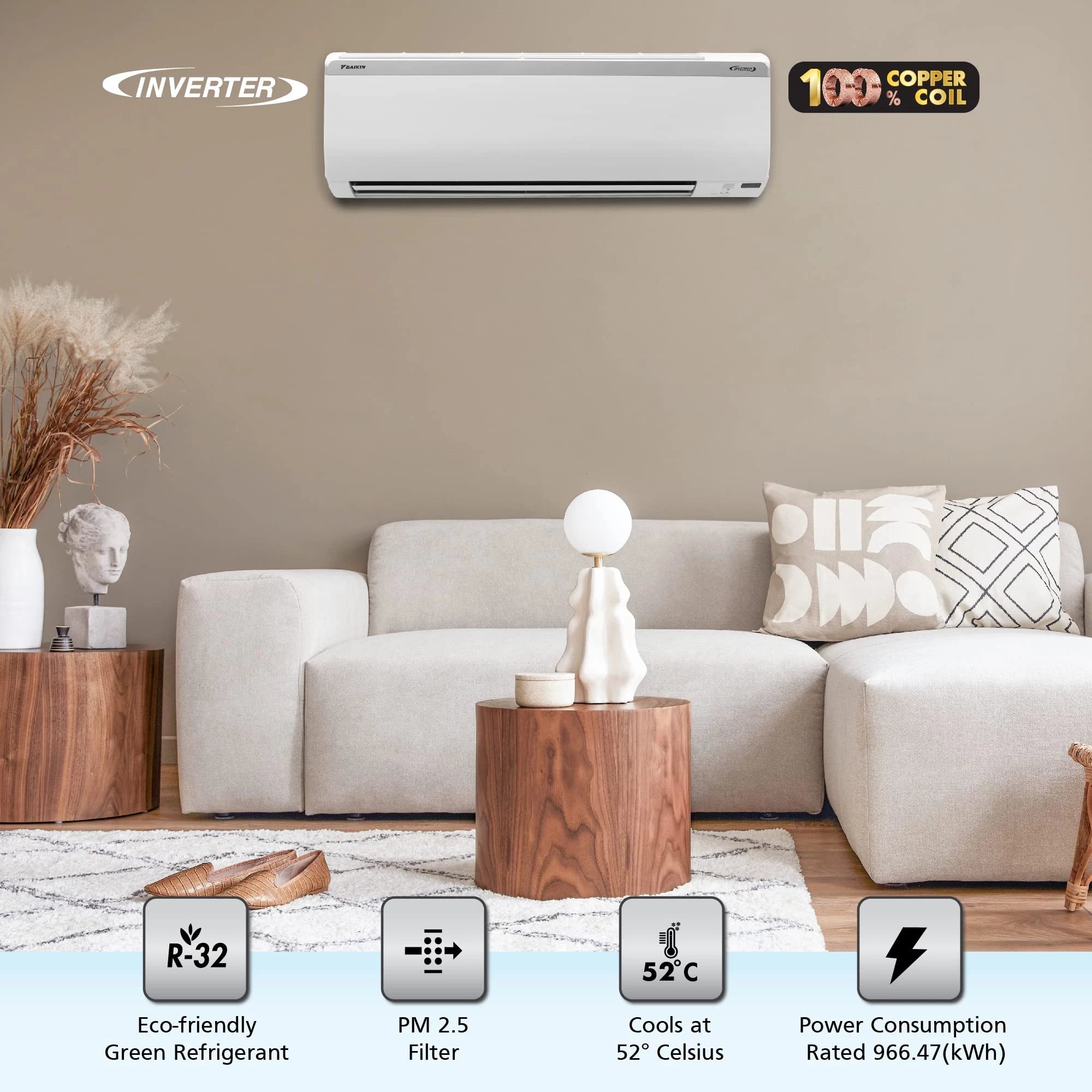 Daikin 1.5 Ton 4 Star Inverter Split AC - MTKL50U (Copper, PM 2.5 Filter, 2022 Model, White)