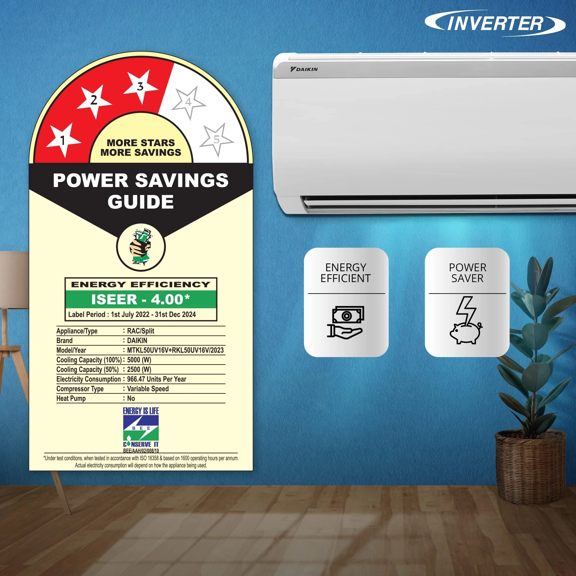 Daikin 1.5 Ton 3 Star Inverter Split AC (MTKL50U, White)
