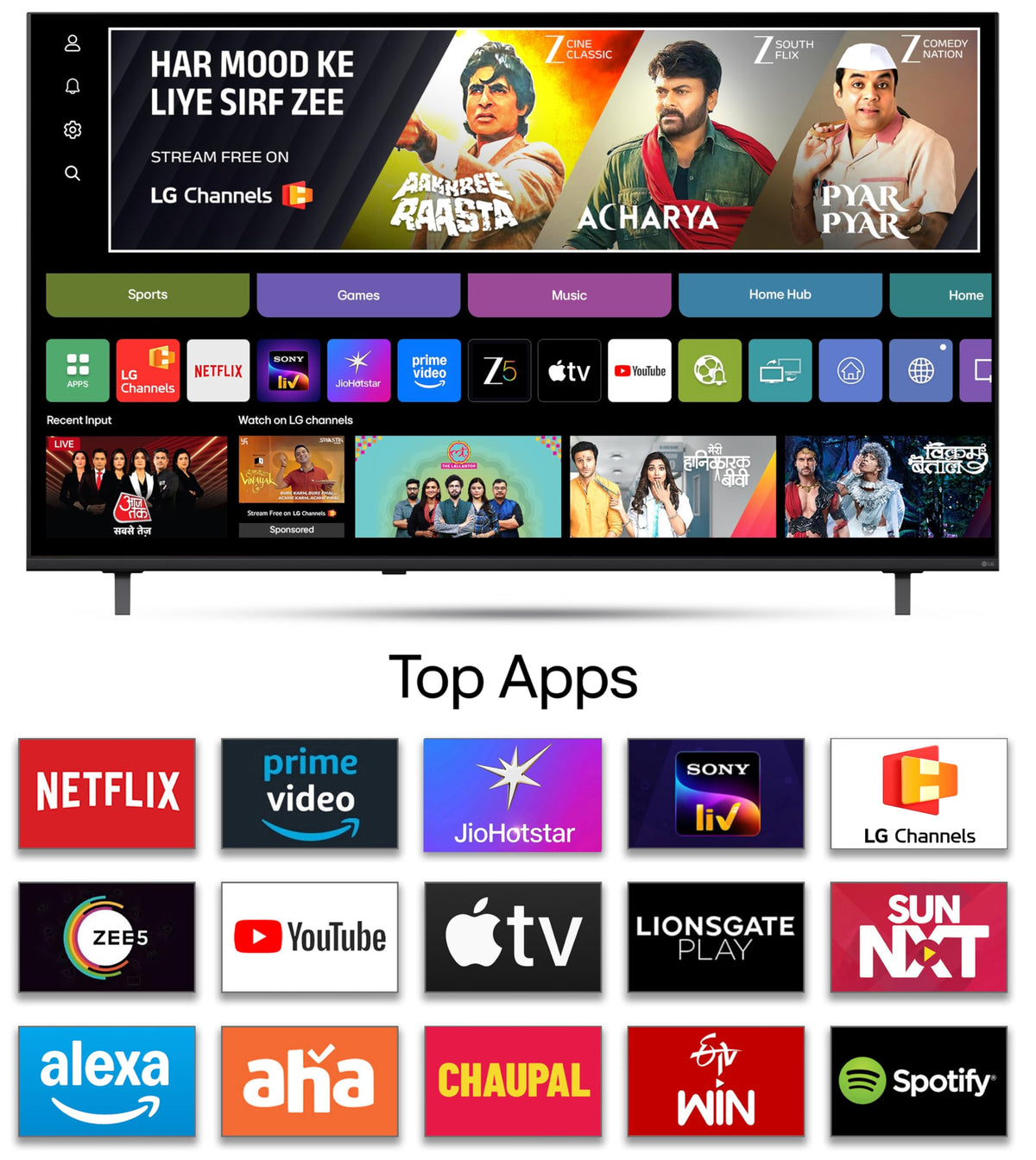 LG 43NU875 webOS home screen with LG Channels and top streaming apps such as Netflix, Prime Video and JioHotstar