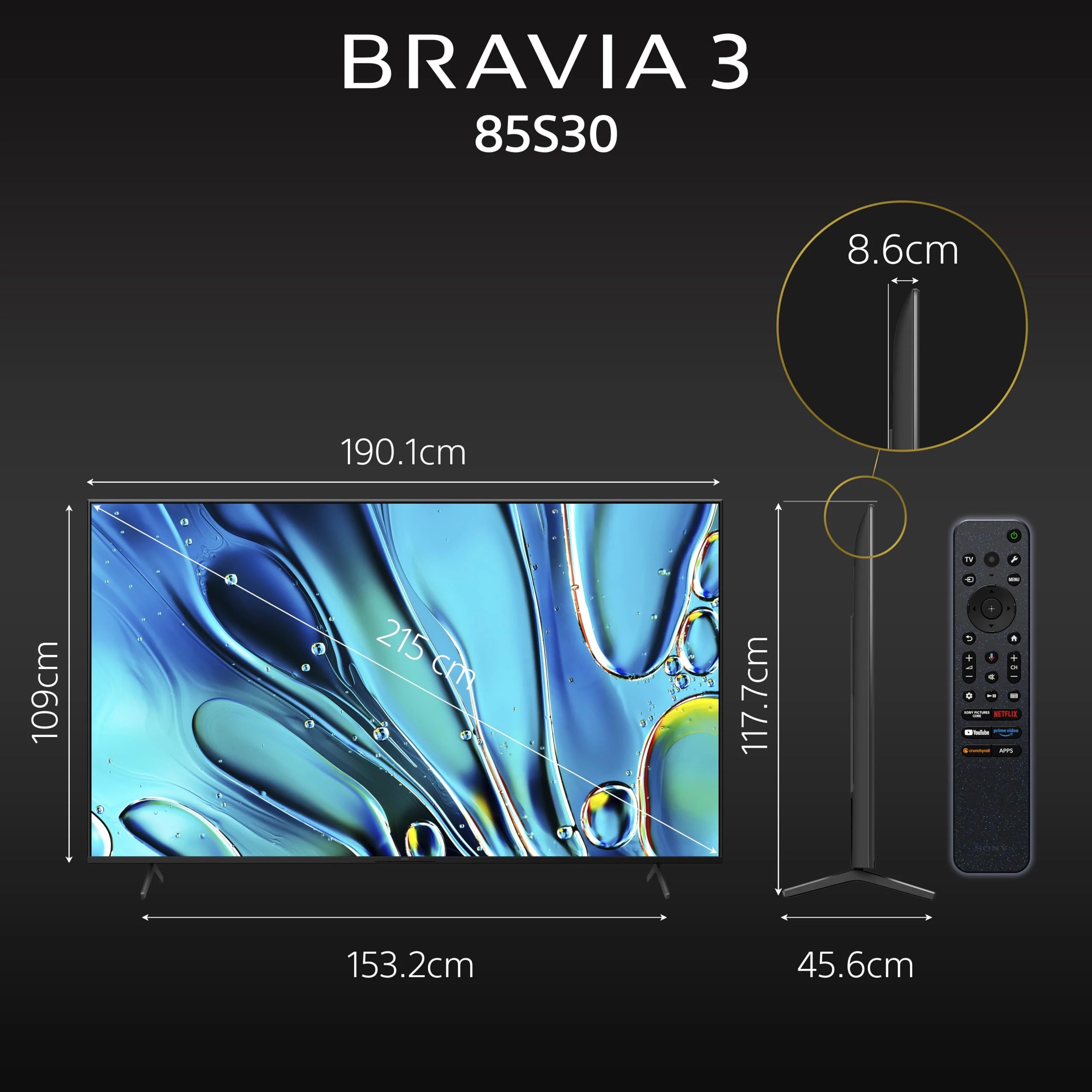 சோனி பிராவியா 3 சீரிஸ் 215 செமீ (85 இன்ச்) 4K உட்ரா HD AI ஸ்மார்ட் LED கூகிள் டிவி K-85S30 (கருப்பு)