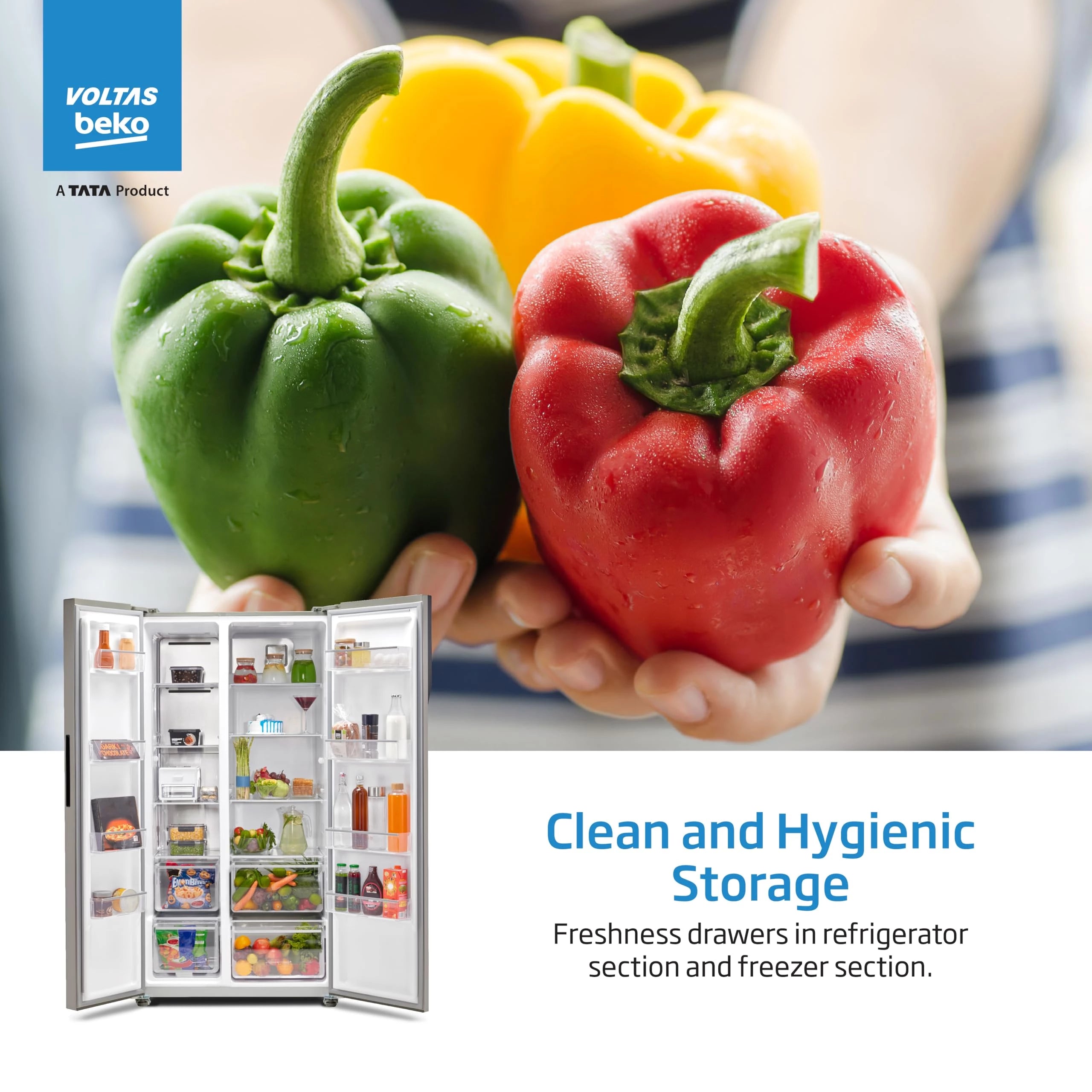 Voltas Beko, A Tata Product 563 L Side by Side Frost Free Refrigerator with ProSmart Inverter Compressor (RSB585/FPV300RXID, INOX steel, Active Fresh Blue Light)