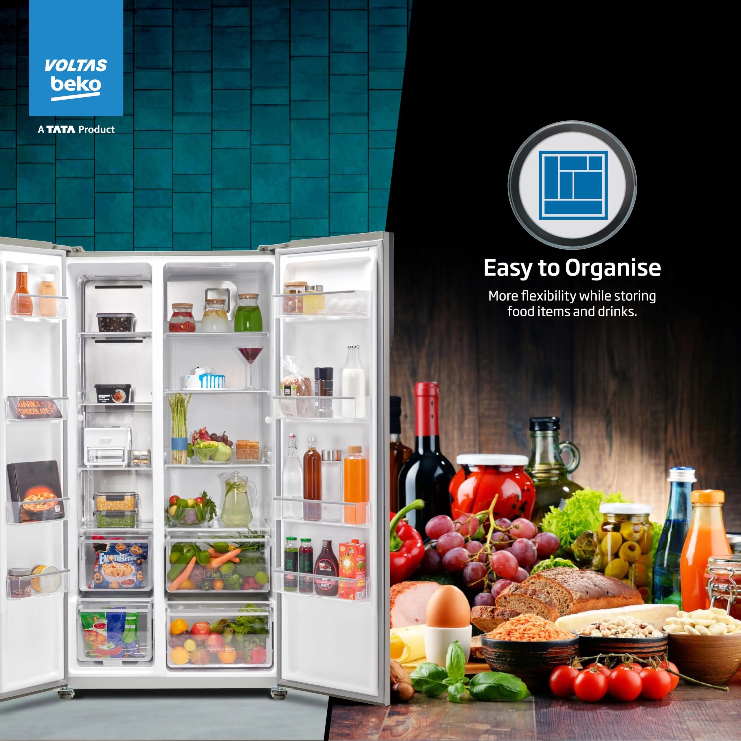 Voltas Beko, A Tata Product 563 L Side by Side Frost Free Refrigerator with ProSmart Inverter Compressor (RSB585/FPV300RXID, INOX steel, Active Fresh Blue Light)