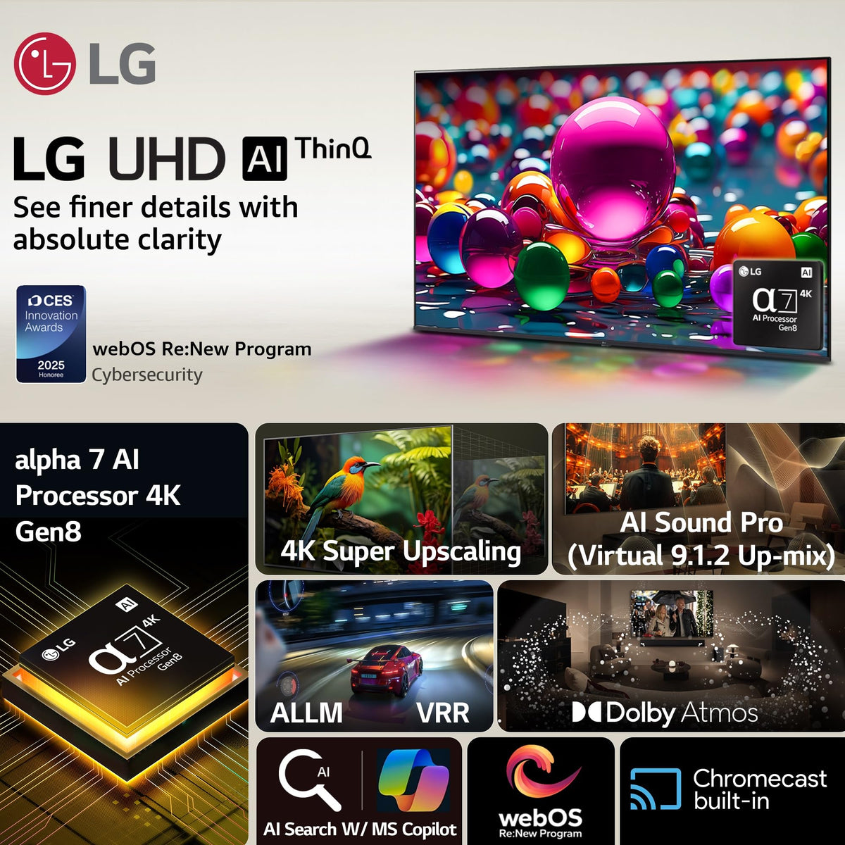 LG UA8250 UHD AI TV feature collage: alpha 7 processor, AI Sound Pro, ALLM, VRR, Dolby Atmos, Chromecast