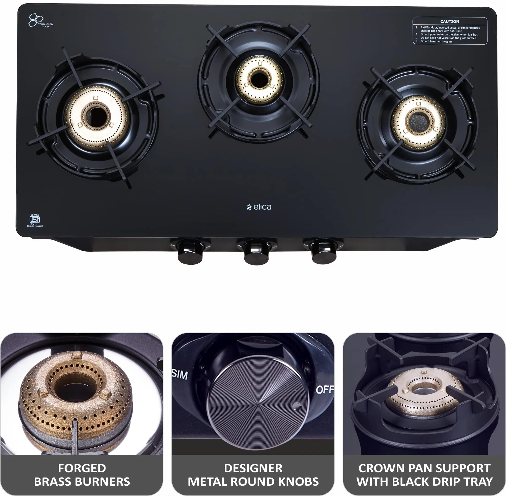 Elica Crest 3 Burner Gas Stove with Crown Design Pan Support and Forged Brass Burners (CREST 370 J NERO), Black