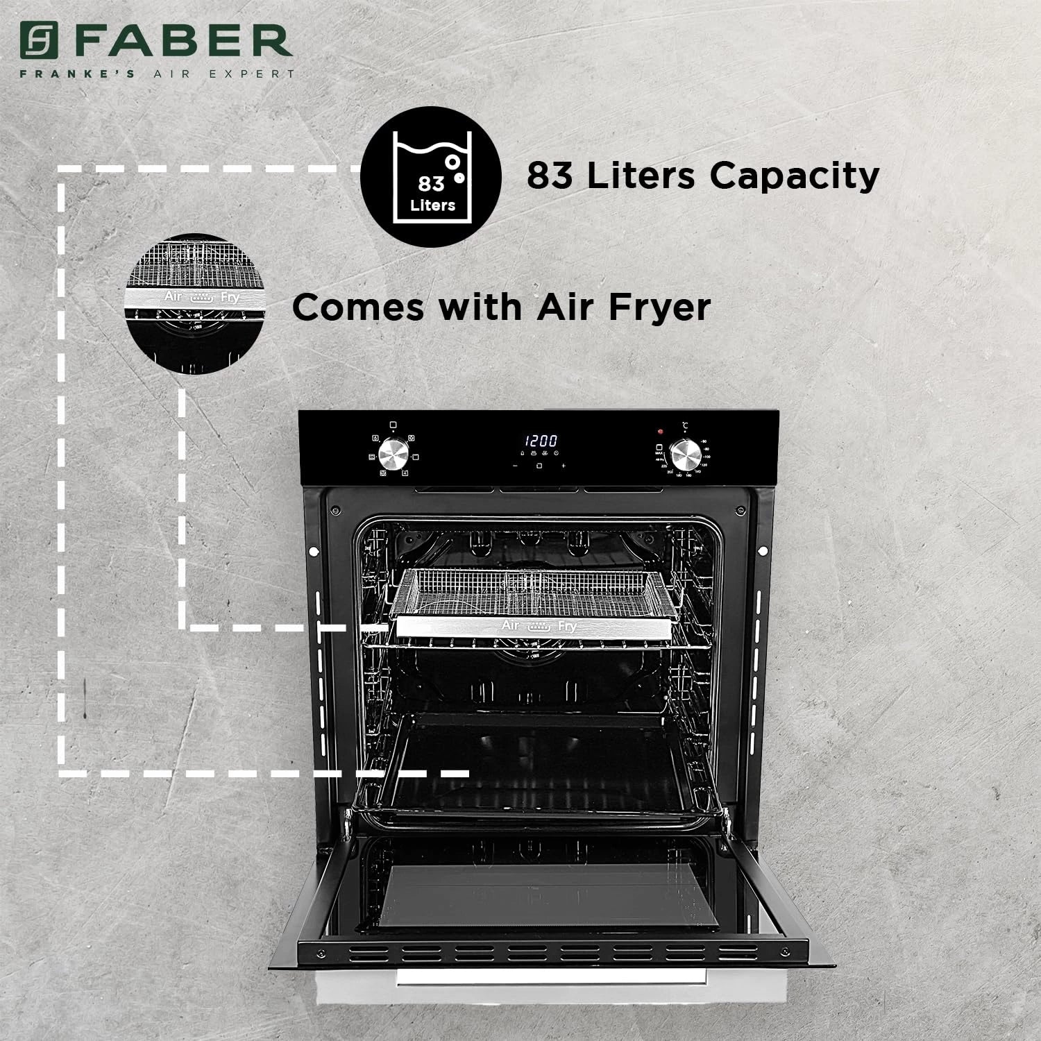 Faber 83L 6F Air Fryer Built-in Oven|360° Grill with In-Chamber Light|Auto Program with Digital Timer|Touch/Knob Control |Soft Close & Easy to Clean|2Yr Comprehensive Warranty by Faber| FBIO 83L 6F AF