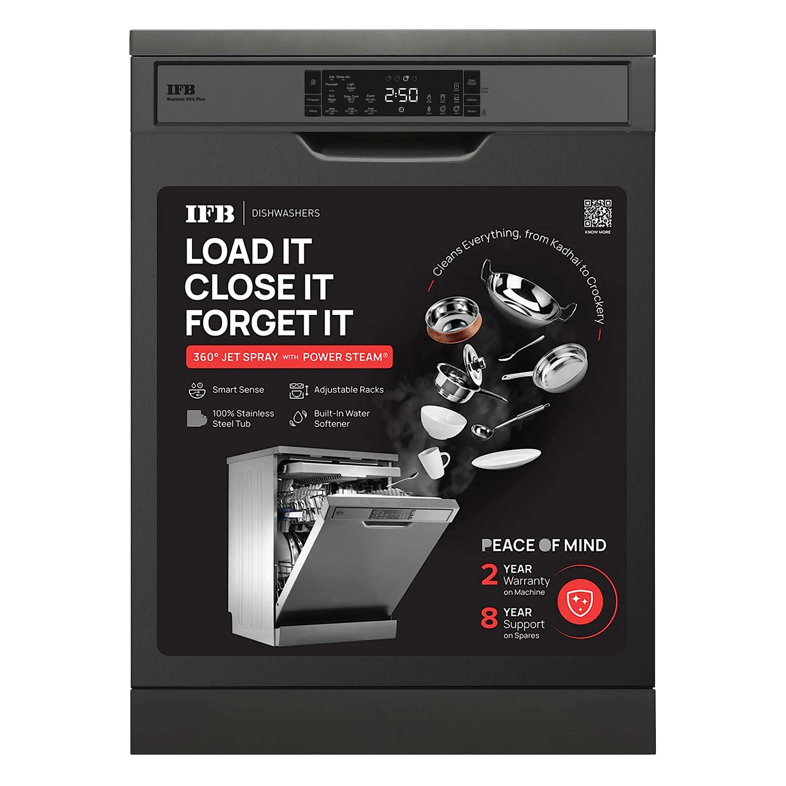 IFB Dishwasher Neptune VX2 Plus, 16 Place Settings, Hot Water Wash, Inox Grey, In Built Heater, Turbo Drying, Perfect for Indian Utensils.