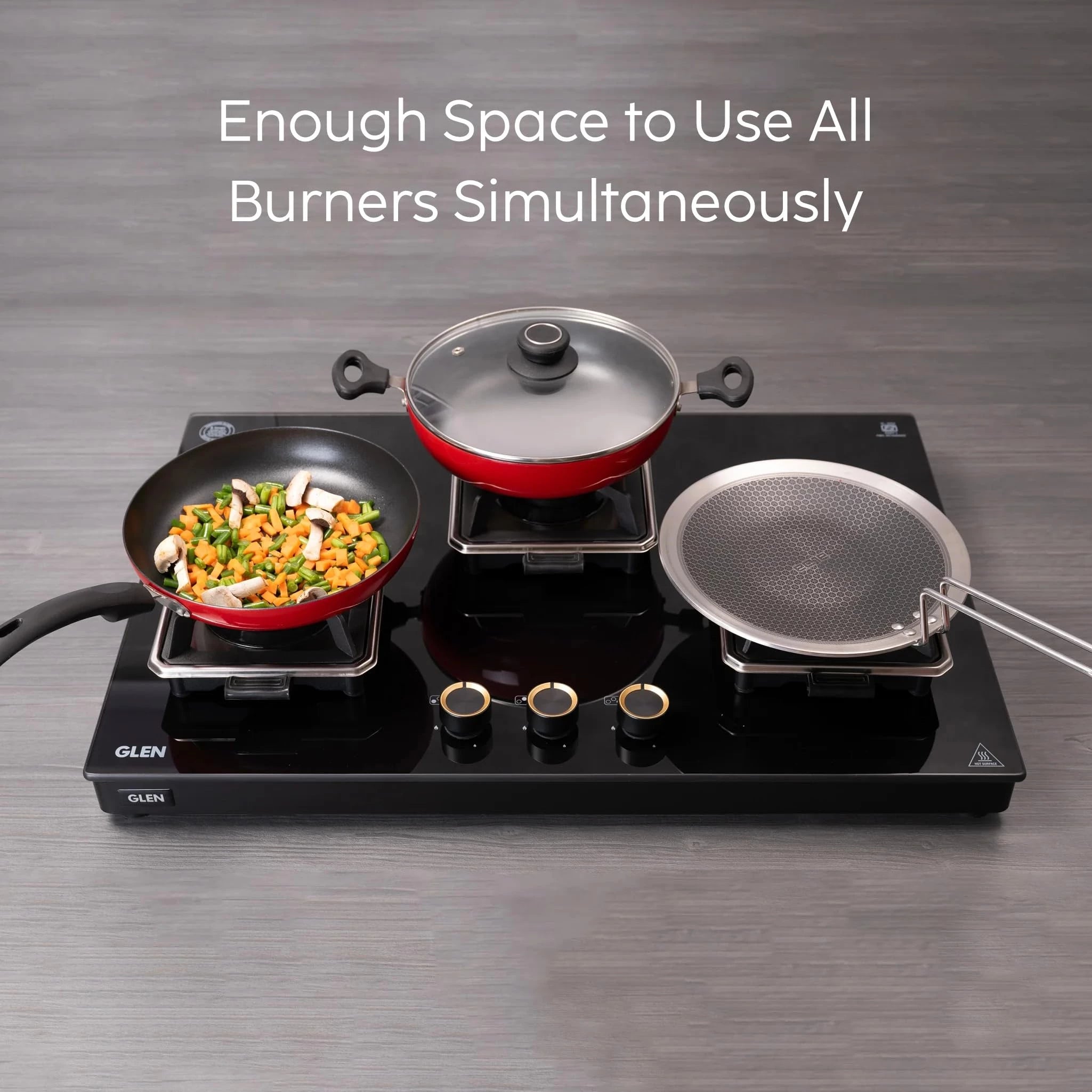 Glen Swift 3 Burner Gas Stove | Removable Multi-Ring Forged Brass Burners | 8mm Toughened Glass Top | Manual Ignition (CT1038GTBLSWIFT)