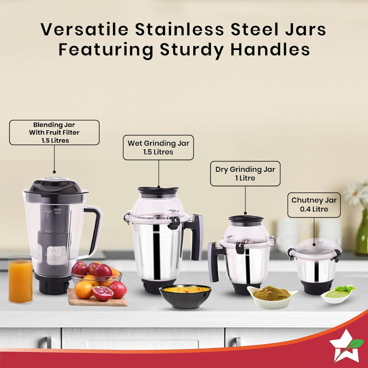 Wonderchef Galaxy 63154820 four jars labelled: 1.5 L blending jar with fruit filter, 1.5 L wet grinding, 1 L dry grinding and 0.4 L chutney jar