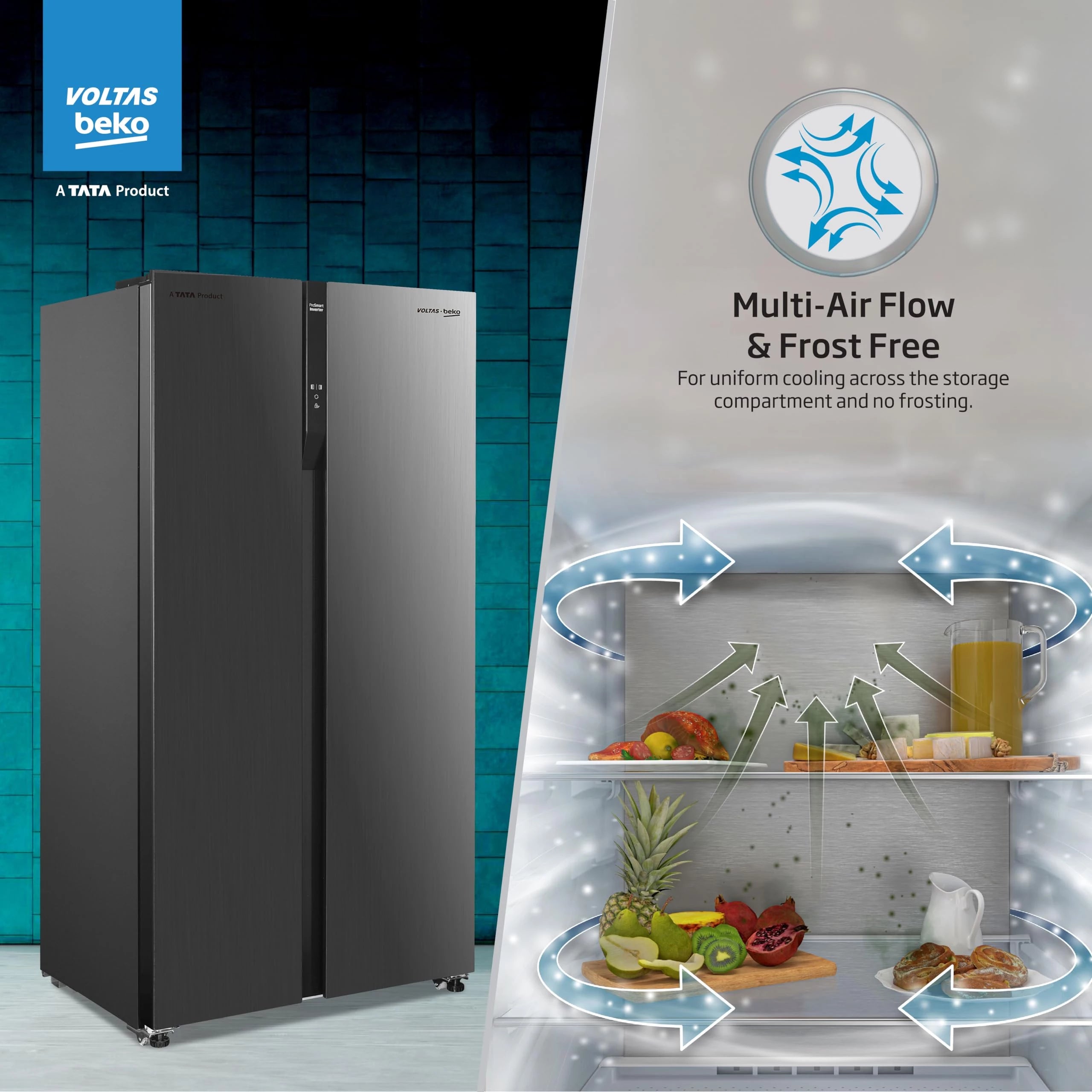 Voltas Beko, A Tata Product 563 L Side by Side Frost Free Refrigerator with ProSmart Inverter Compressor (RSB585/FPV300RXID, INOX steel, Active Fresh Blue Light)