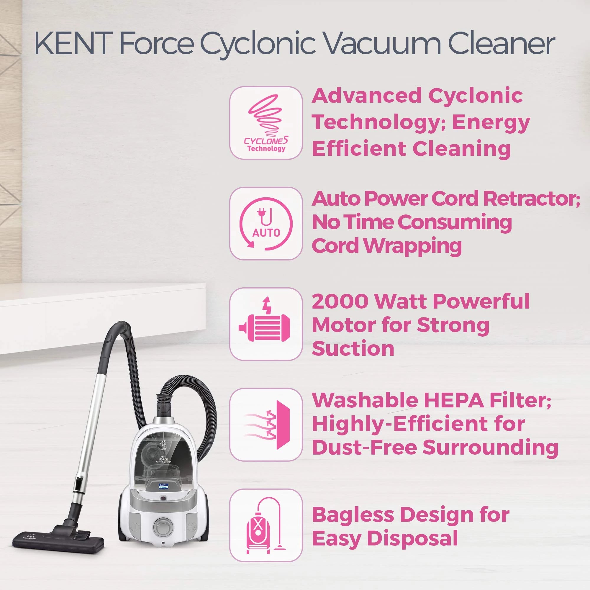 KENT Force Cyclonic Vacuum Cleaner 2000W (White/Silver)