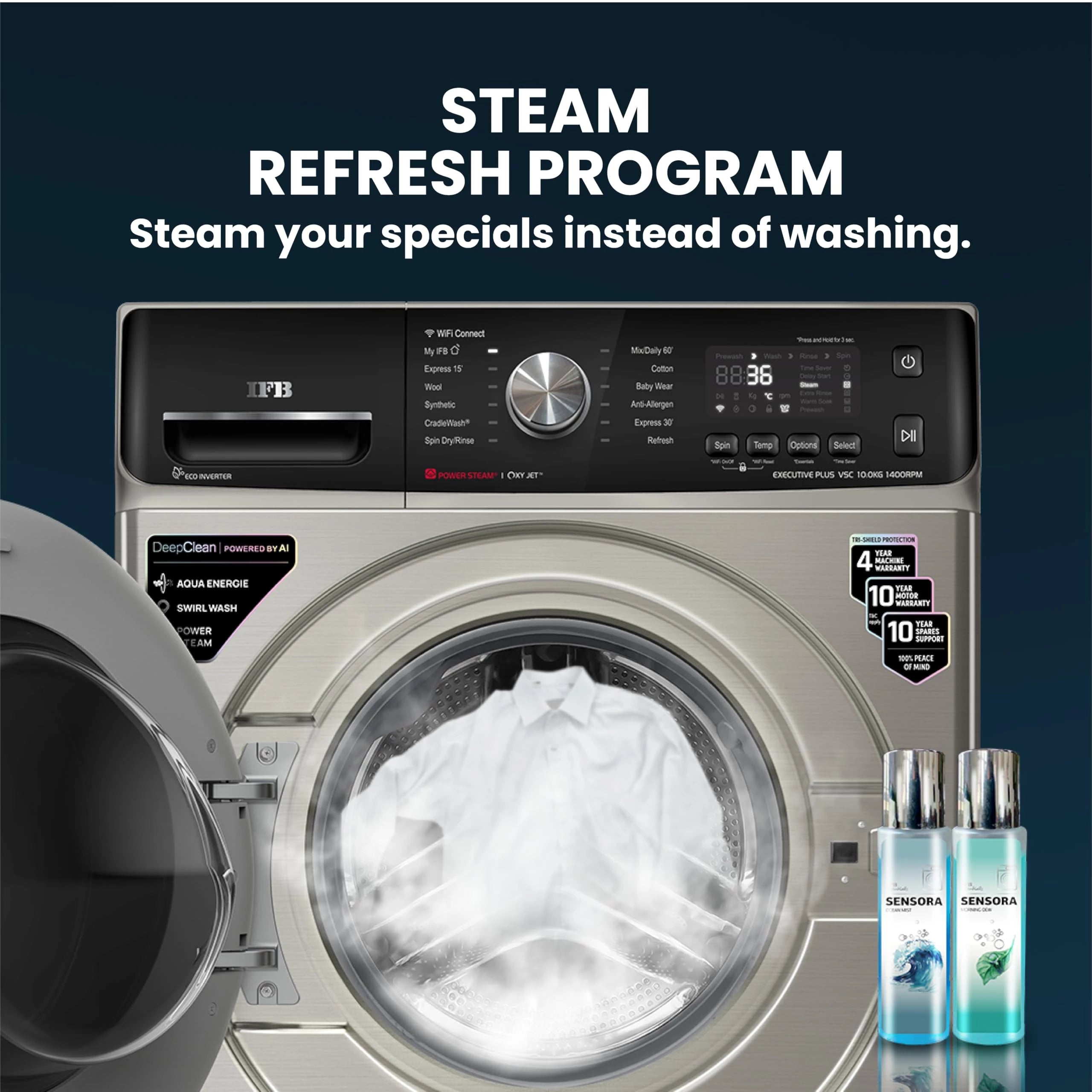 IFB 10Kg 5 Star with Deep Clean Oxyjet Technology, AI Powered, Fully Automatic Front Load Washing Machine (EXECUTIVE PLUS VSC 1014, Steam Refresh Program, Wi-Fi, Eco Inverter, SUS VCM, silver)