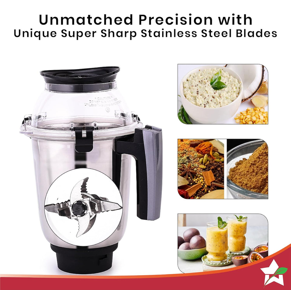 Wonderchef Galaxy 63154820 stainless steel jar with lid and close-up of the super sharp blade, with chutney, spices and juice