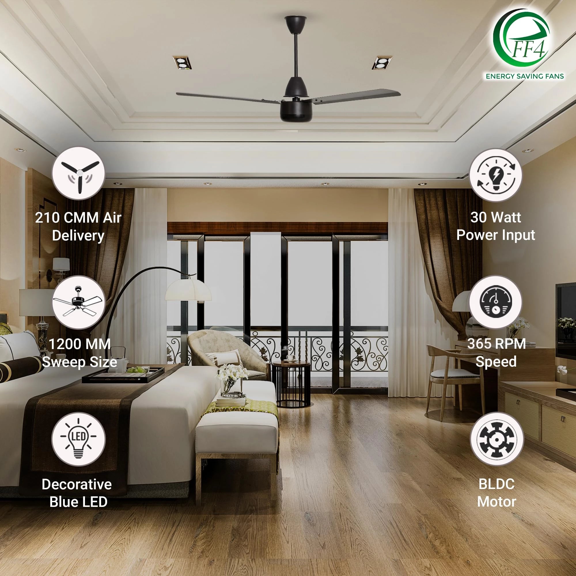 eFF4 Sino1200 mm 3 Blade 5 Star power Saving Ceiling fan with BLDC Motor | Remote control | Decorative Fan with Lights | High Air Flow (Brown - Modern, Pack of 2)