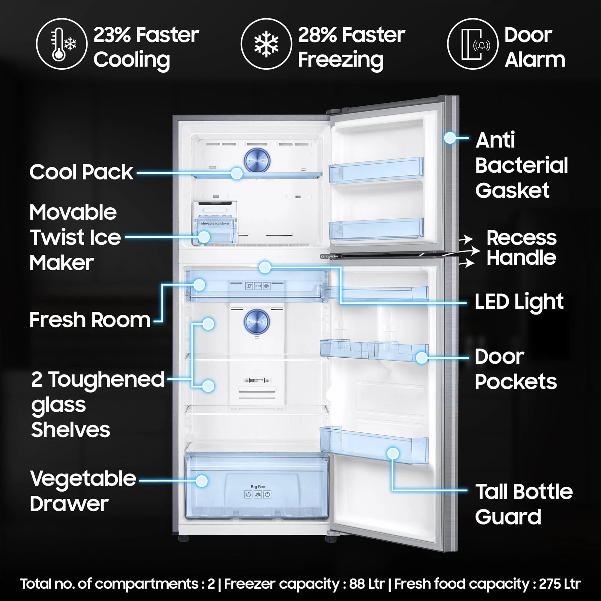 Samsung 363 L, 2 Star, Convertible 5-in-1 Digital Inverter with Display Frost Free Double Door Refrigerator (RT39C5532S8/HL, Silver, Elegant Inox)