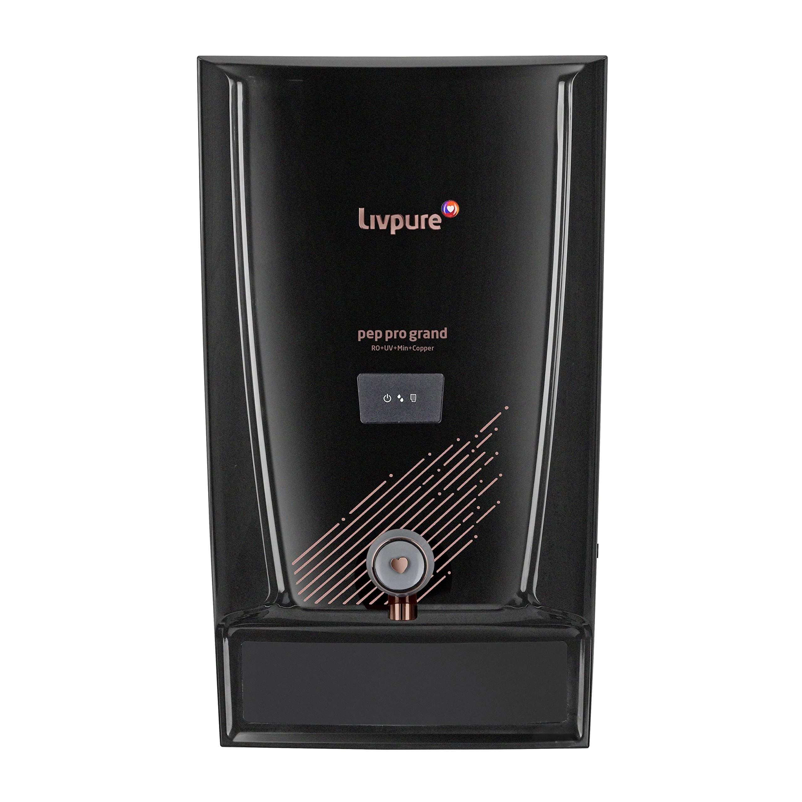 Livpure Pep Pro Grand RO+UV+Mineraliser+Copper, 15 LPH Water Purifier | Suitable for Borewell, Tanker, Municipal Water - 7 L Storage Tank, Black