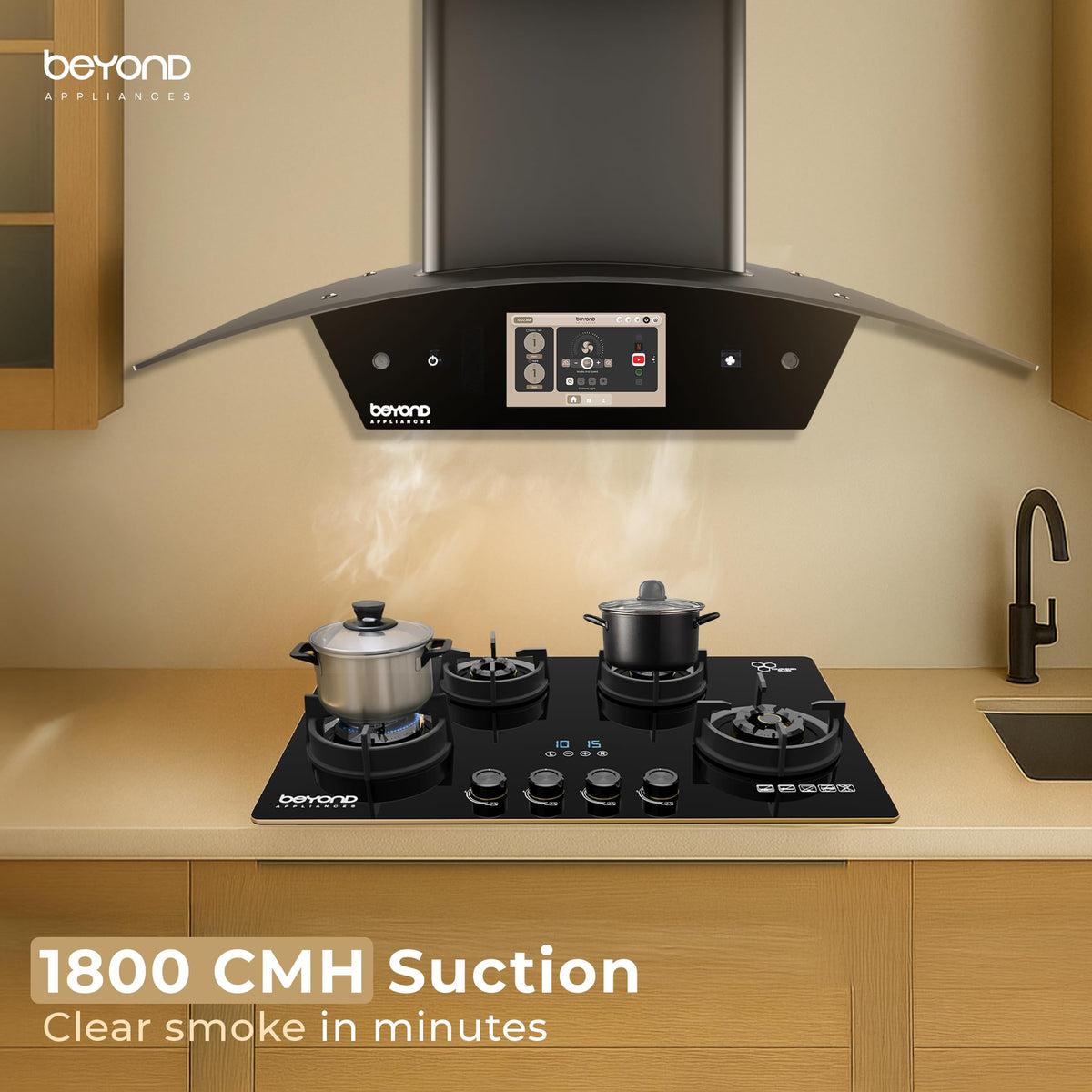 Beyond Asteria 1800 CMH chimney mounted above a four-burner glass hob in a kitchen