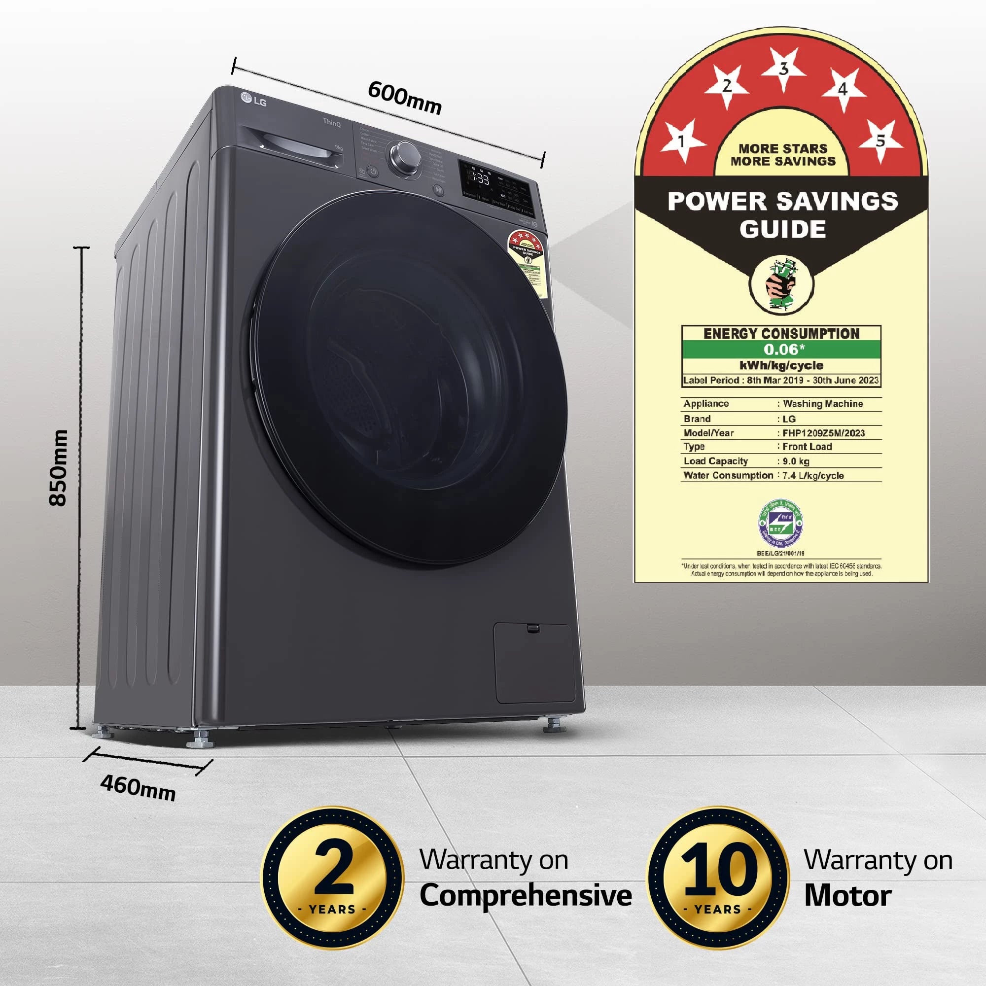 LG Front Load Washing Machine FHP1209Z5M 9 Kg 5 Star Wi-Fi Inverter AI Direct Drive 6 Motion DD & Steam Hygiene Wash In-Built Heater.