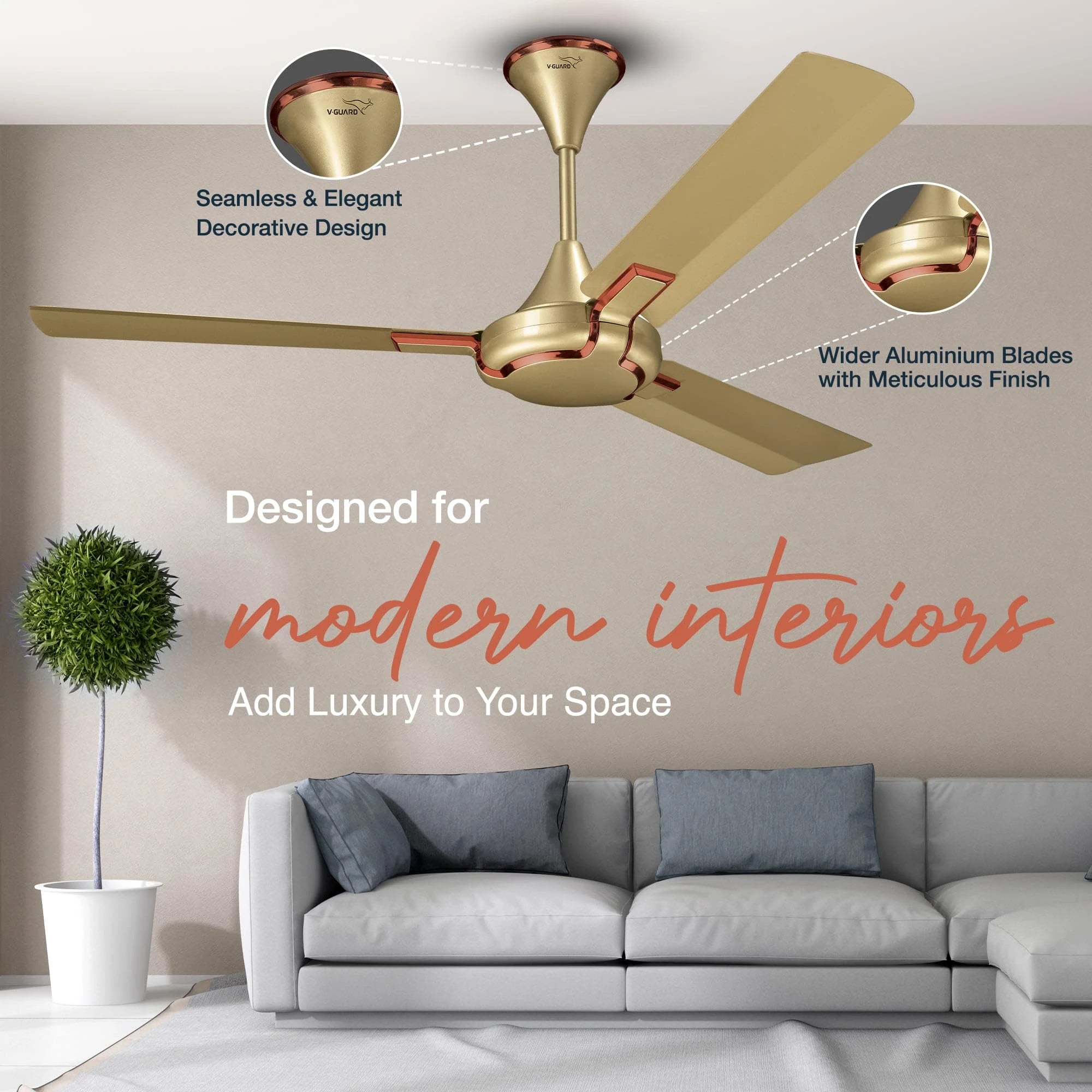 V-Guard Exado Pro AS: Anti Dust High Speed Ceiling Fan for Home | Energy Efficient | 400 RPM | 240 m3/min Air Delivery | Dust Repellent Tech | Easy to Clean | IMPERIAL GOLD