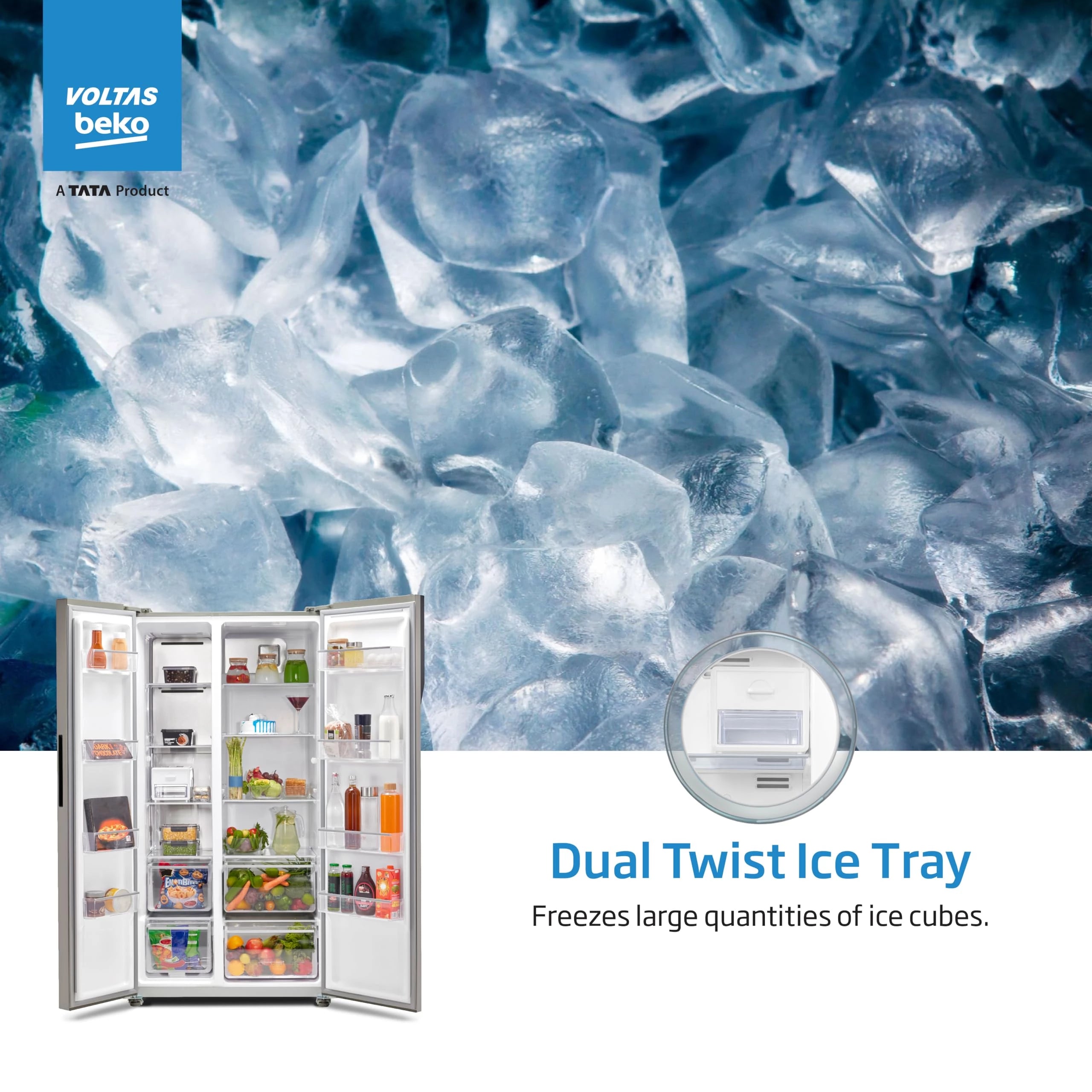 Voltas Beko, A Tata Product 563 L Side by Side Frost Free Refrigerator with ProSmart Inverter Compressor (RSB585/FPV300RXID, INOX steel, Active Fresh Blue Light)