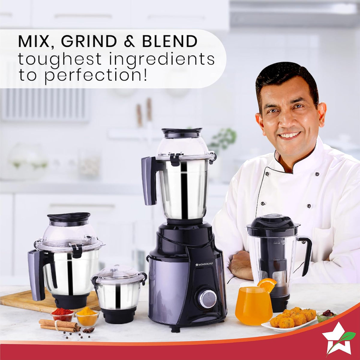 Wonderchef Galaxy 63154820 mixer grinder with its four jars on a kitchen counter with spices, juice and snacks, with a chef beside it
