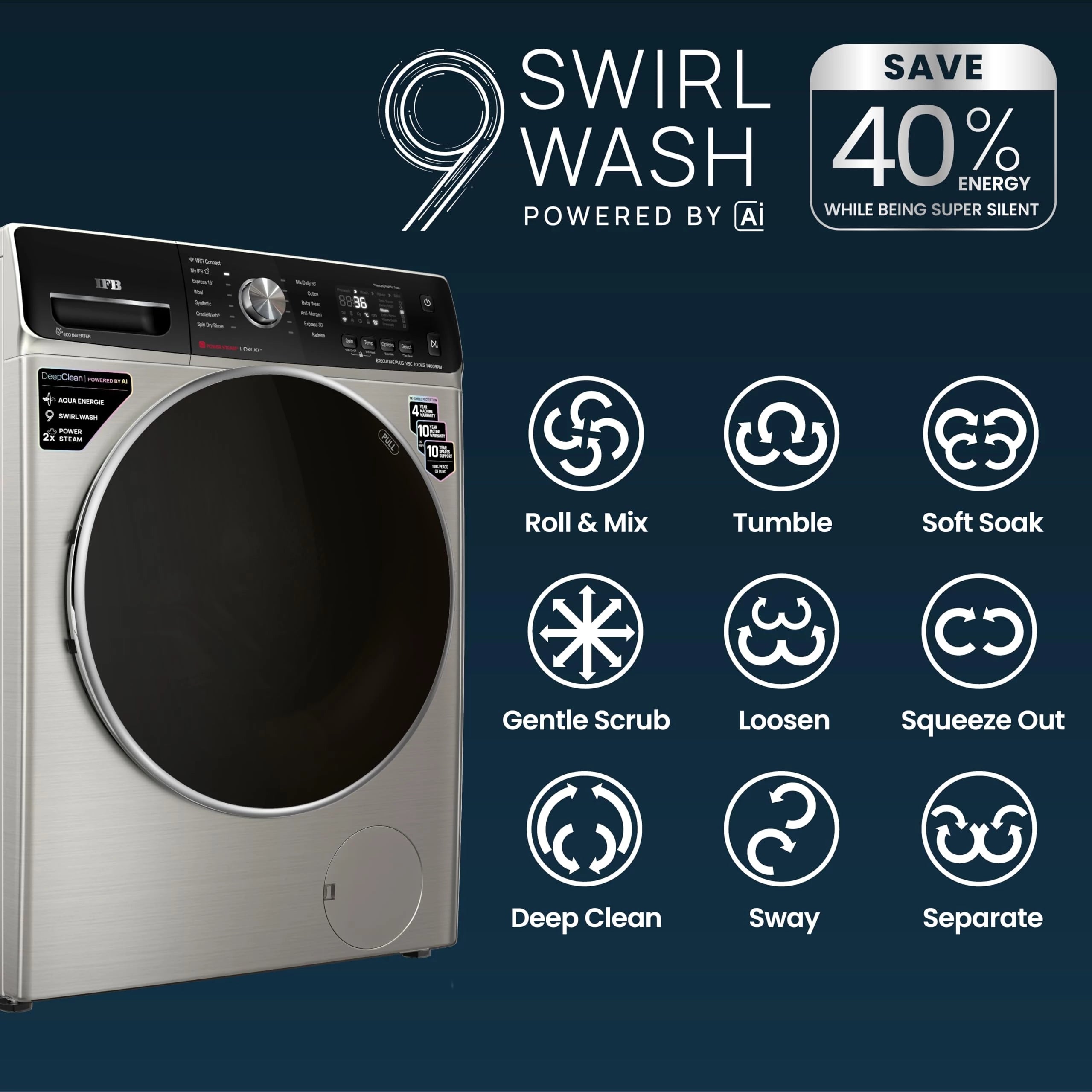 IFB 10Kg 5 Star with Deep Clean Oxyjet Technology, AI Powered, Fully Automatic Front Load Washing Machine (EXECUTIVE PLUS VSC 1014, Steam Refresh Program, Wi-Fi, Eco Inverter, SUS VCM, silver)