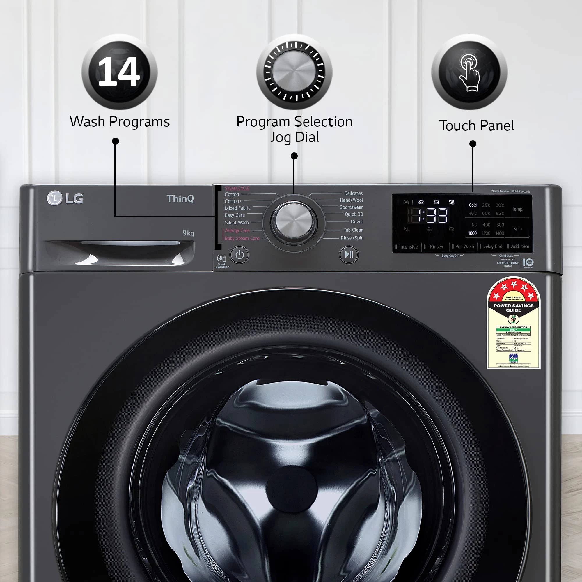 LG Front Load Washing Machine FHP1209Z5M 9 Kg 5 Star Wi-Fi Inverter AI Direct Drive 6 Motion DD & Steam Hygiene Wash In-Built Heater.