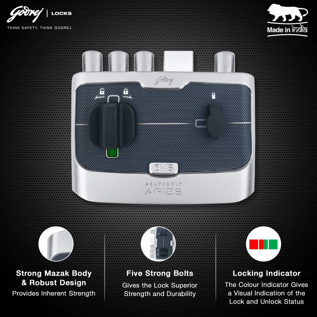 Godrej Door locks Pentabolt Aries 1CK DB Roman Silver 6360