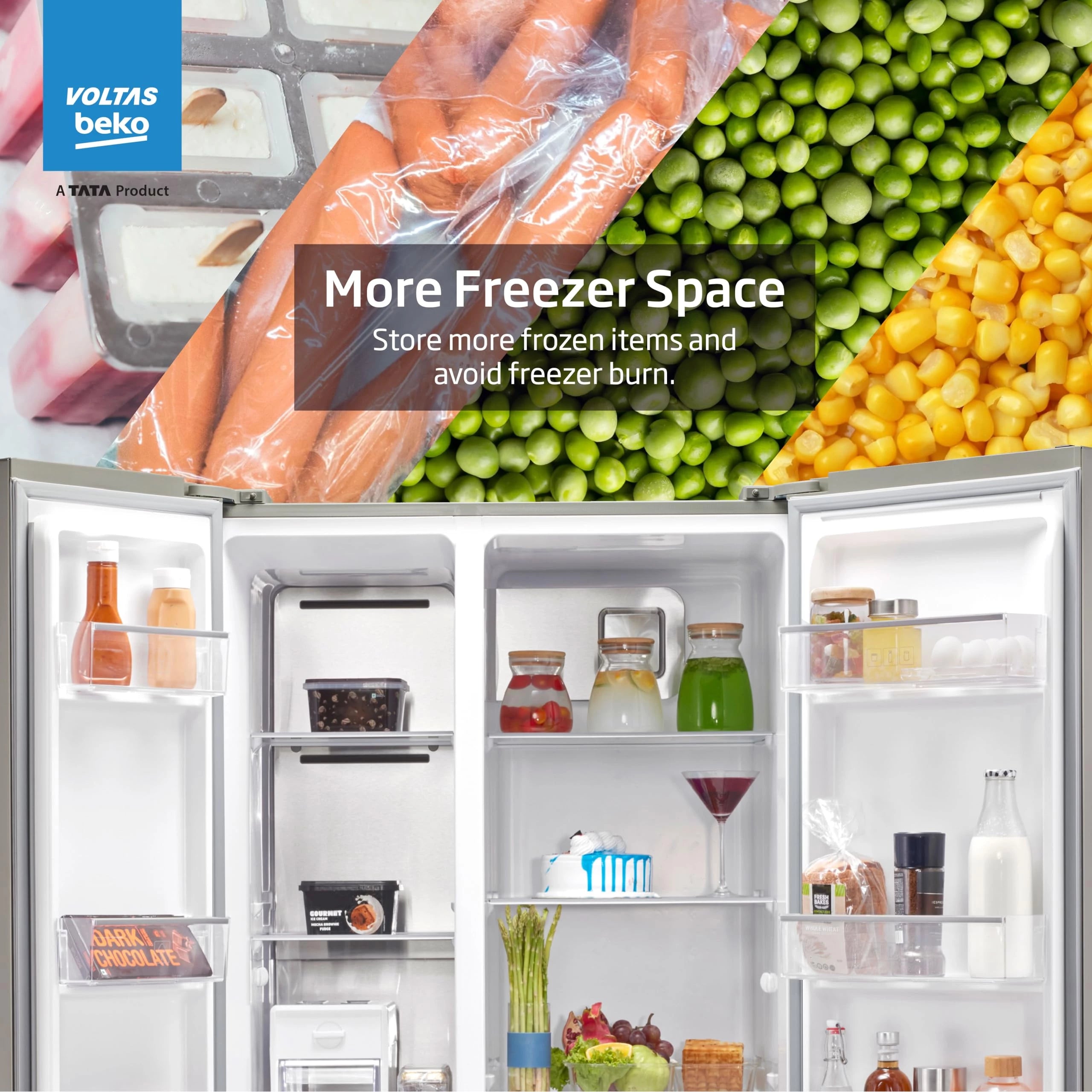 Voltas Beko, A Tata Product 563 L Side by Side Frost Free Refrigerator with ProSmart Inverter Compressor (RSB585/FPV300RXID, INOX steel, Active Fresh Blue Light)