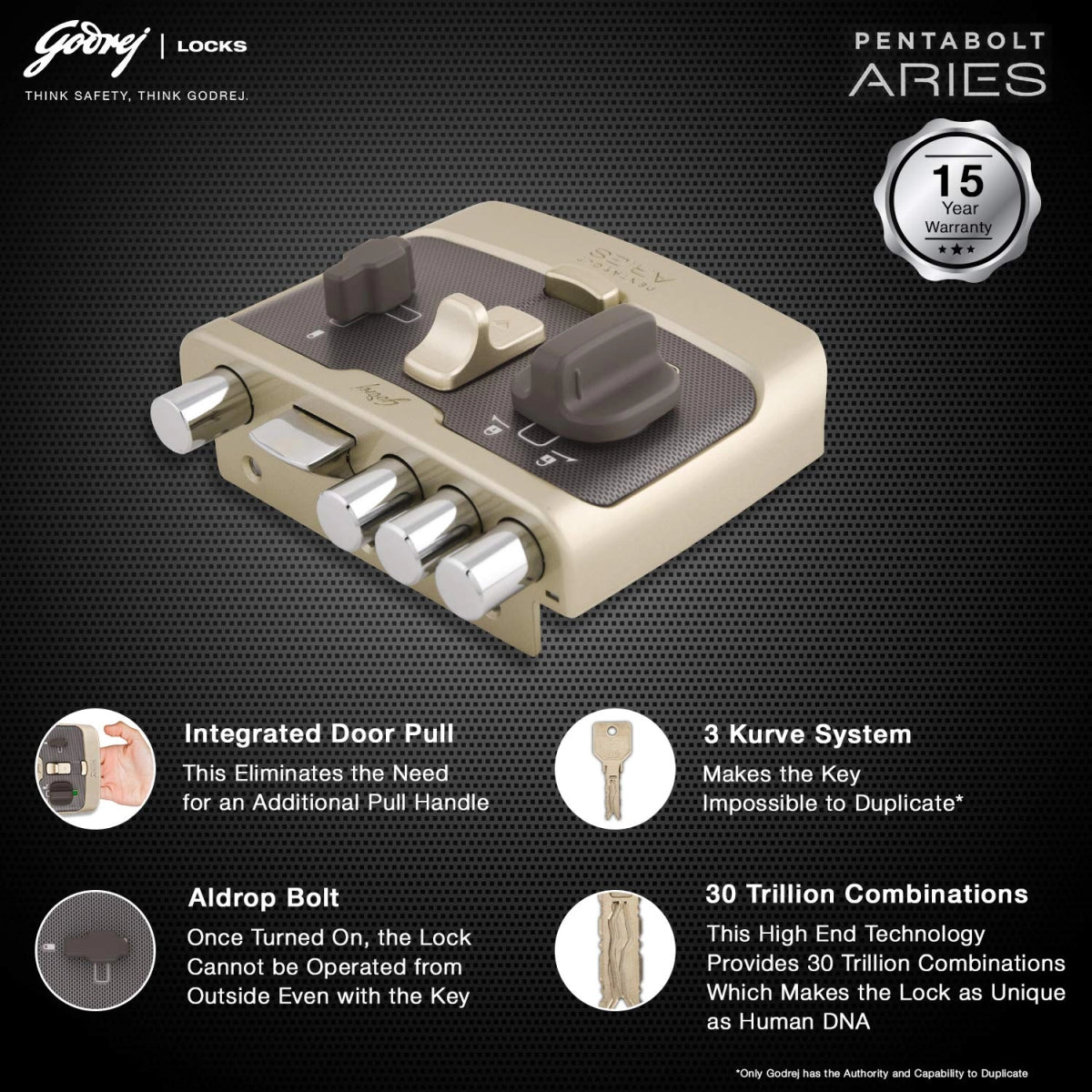 godrej door locks Pentabolt Aries 1CK DB Vegas Gold 6363