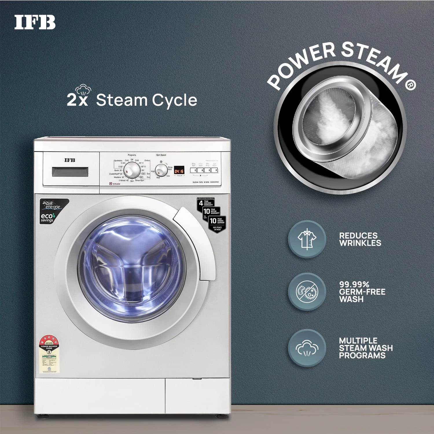 IFB Front Load Washing Machine ELENA SXS 6510, 5 Star, 6.5 Kg, 2X Power Steam, Silver, In-built Heater, 4yr Warranty