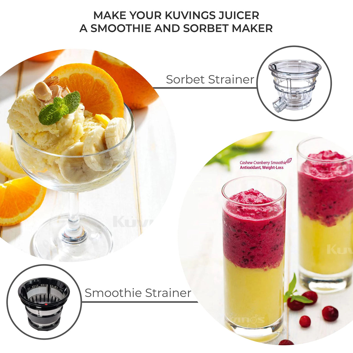 Kuvings REVO830 smoothie strainer and sorbet strainer with a sorbet dessert and layered cranberry smoothies
