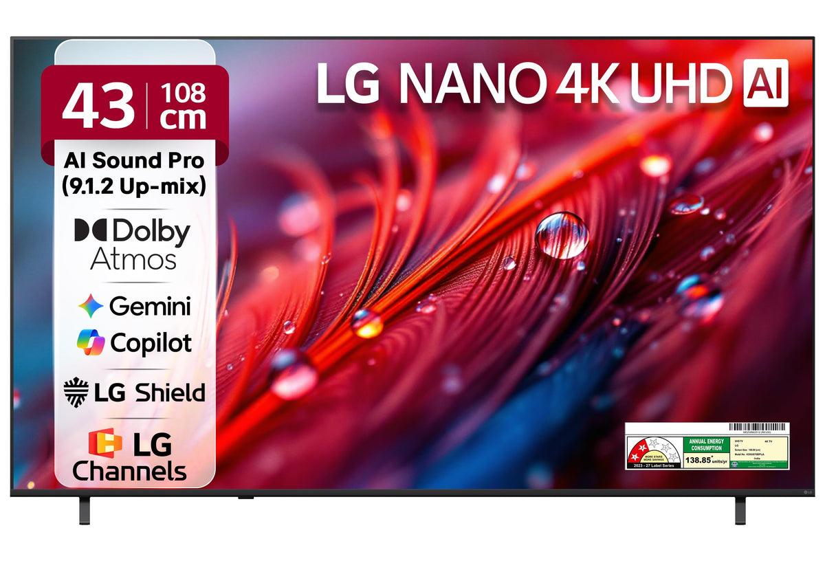 LG 43NU875 108 cm Nano 4K UHD AI TV front view showing AI Sound Pro, Dolby Atmos, Gemini, Copilot and LG Channels