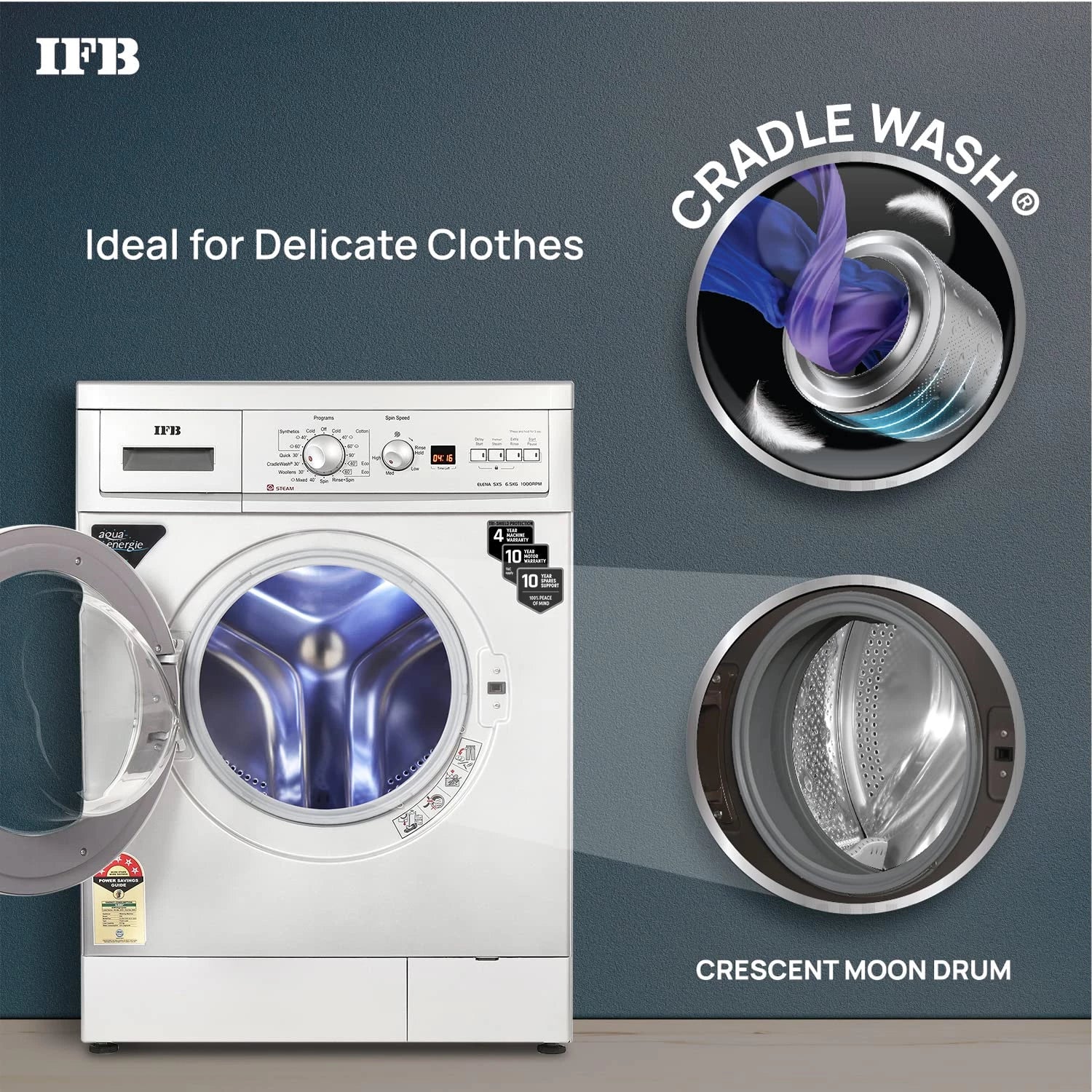 IFB Front Load Washing Machine ELENA SXS 6510, 5 Star, 6.5 Kg, 2X Power Steam, Silver, In-built Heater, 4yr Warranty
