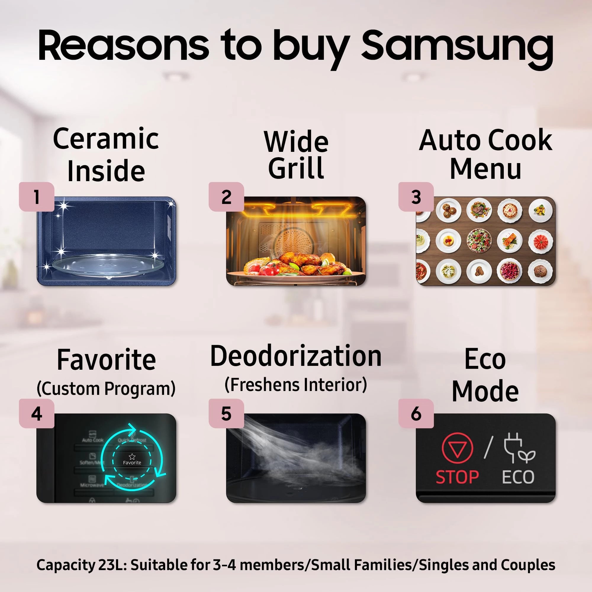 Samsung 23 L Solo Microwave Oven (MS23A3513AK/TL, Black, Auto Cook Programs, Child Safety Lock, Memory Feature, Deodorization, Ceramic Enamel Cavity with 10 year warranty)