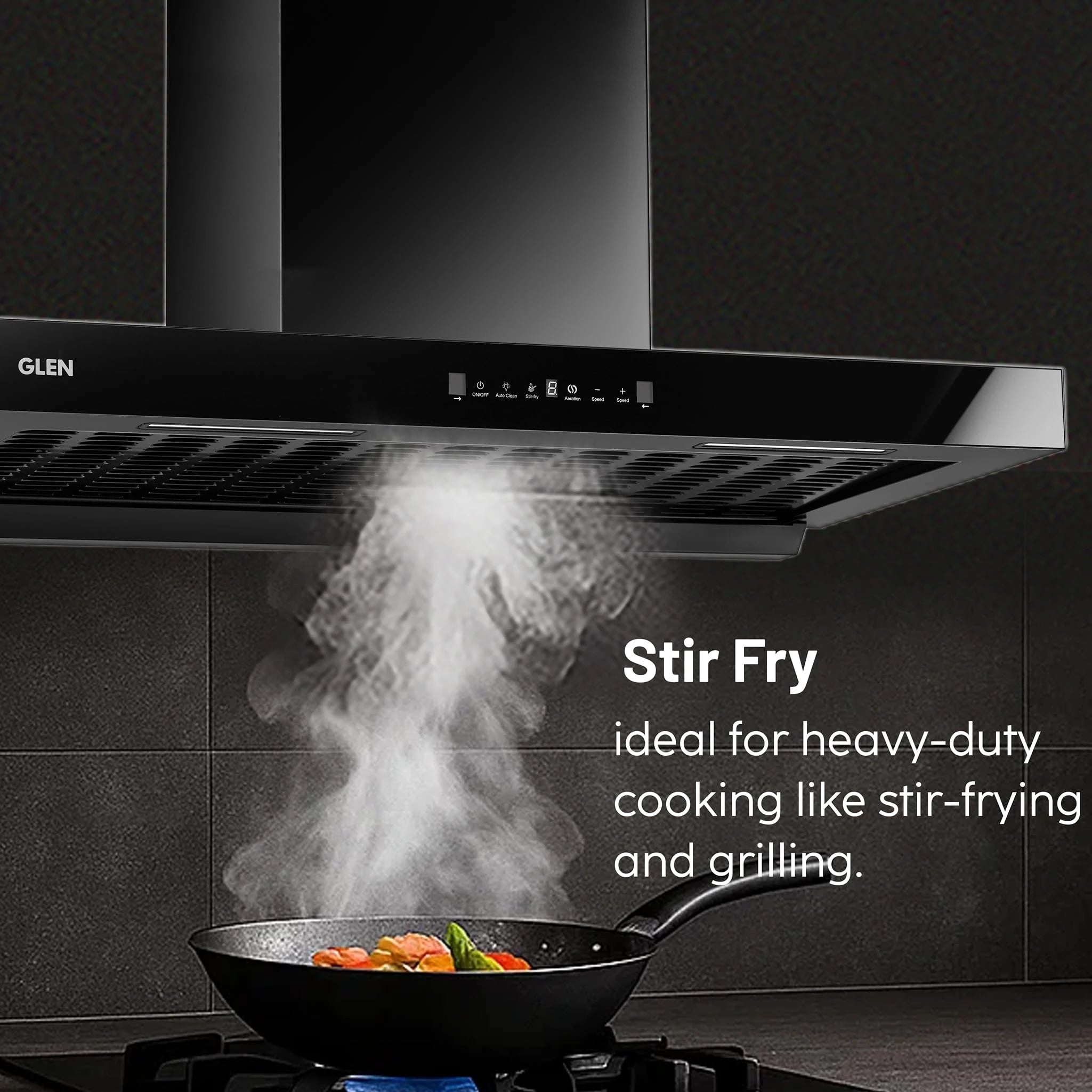 Glen 90cm 1400 m³/hr BLDC T- Shape Kitchen Chimney| Intelligent Auto Clean|Aeration | Filterless|(Hood Selena BLDC 90,Touch & Gesture Control,Black)