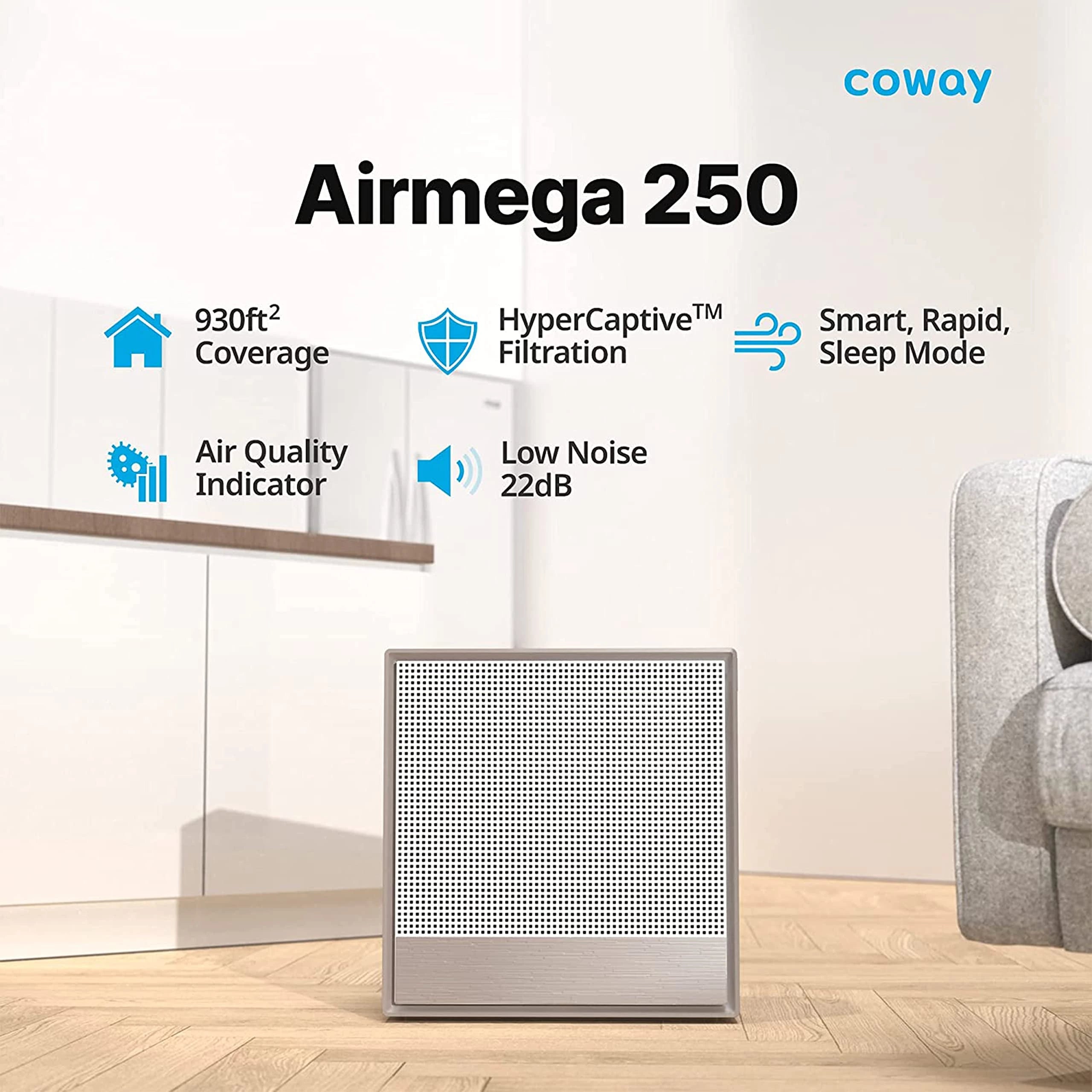 Coway AirMega 250 Professional Air Purifier for Home, Longest Filter Life 8500 Hrs, Green True HEPA Filter, Traps 99.99% Virus & PM 0.1 Particles, Manufacturer Warranty 7 Years