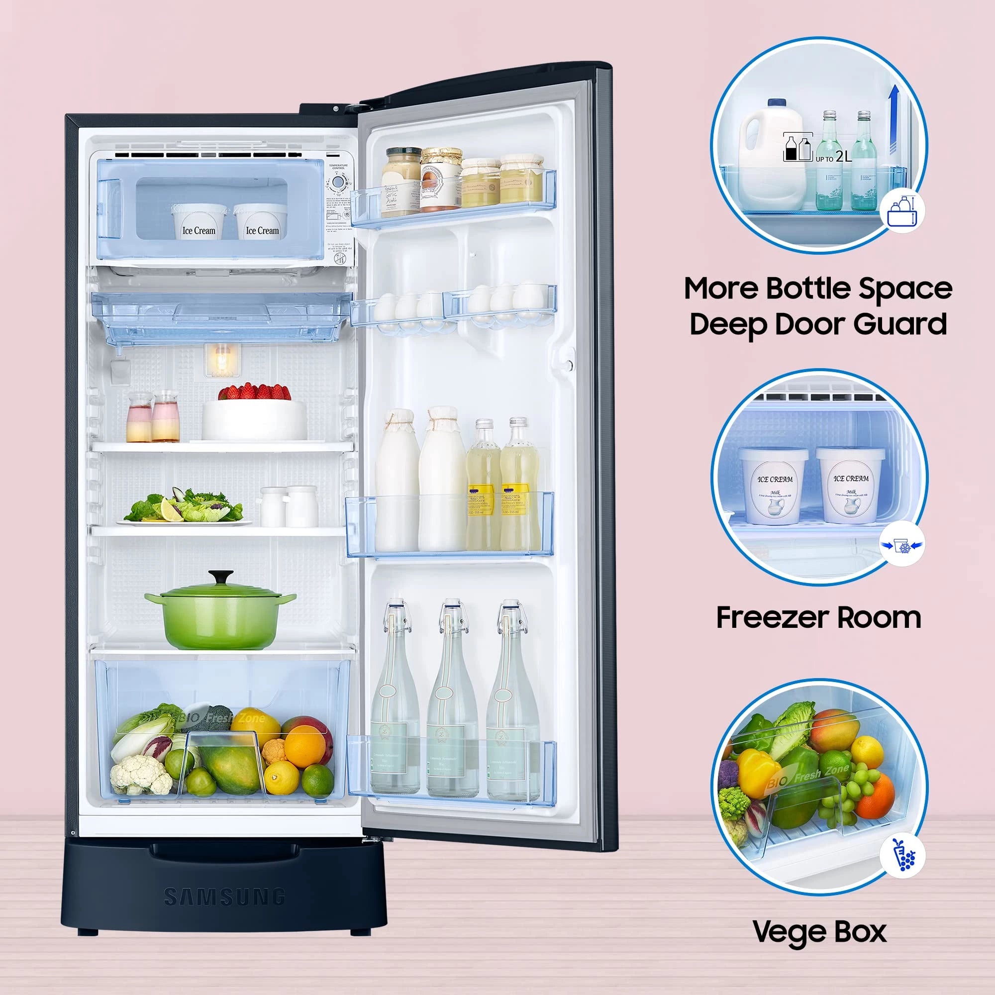 Samsung 183 L, 3 Star, Digital Inverter, Direct-Cool Single Door Refrigerator (RR20C1823U8/HL, Blooming Saffron Blue, Base Stand Drawer)