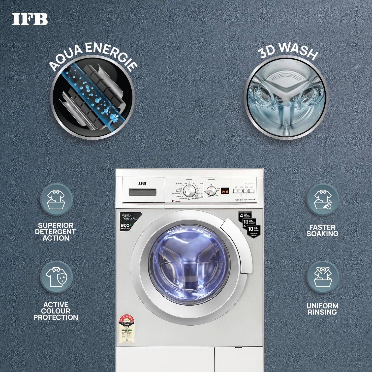 IFB Front Load Washing Machine ELENA SXS 6510, 5 Star, 6.5 Kg, 2X Power Steam, Silver, In-built Heater, 4yr Warranty